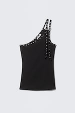 Black - Eyelet Detail Asymmetric Tank Top - 4