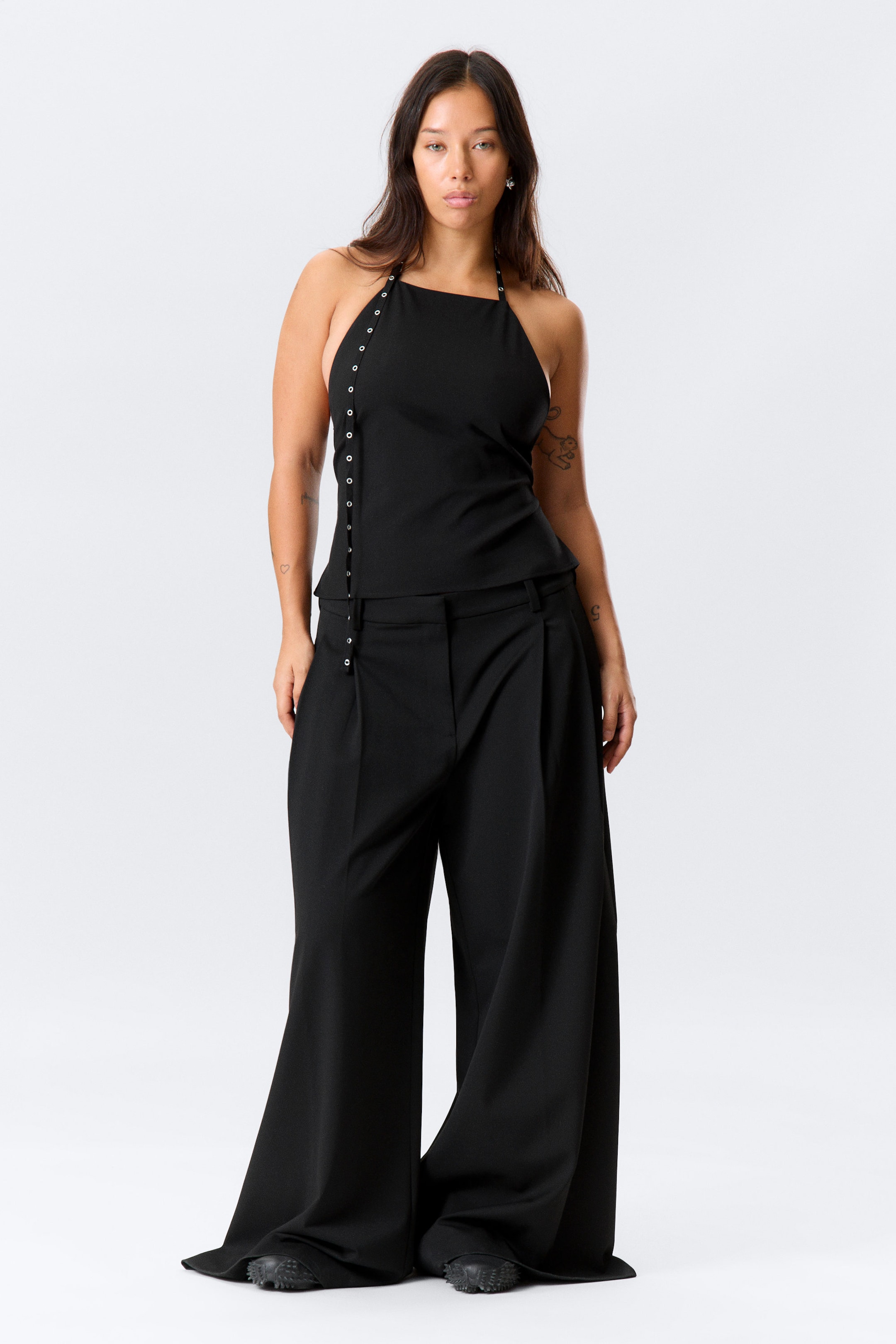 Black - Eyelet Detail Halterneck Top - 2