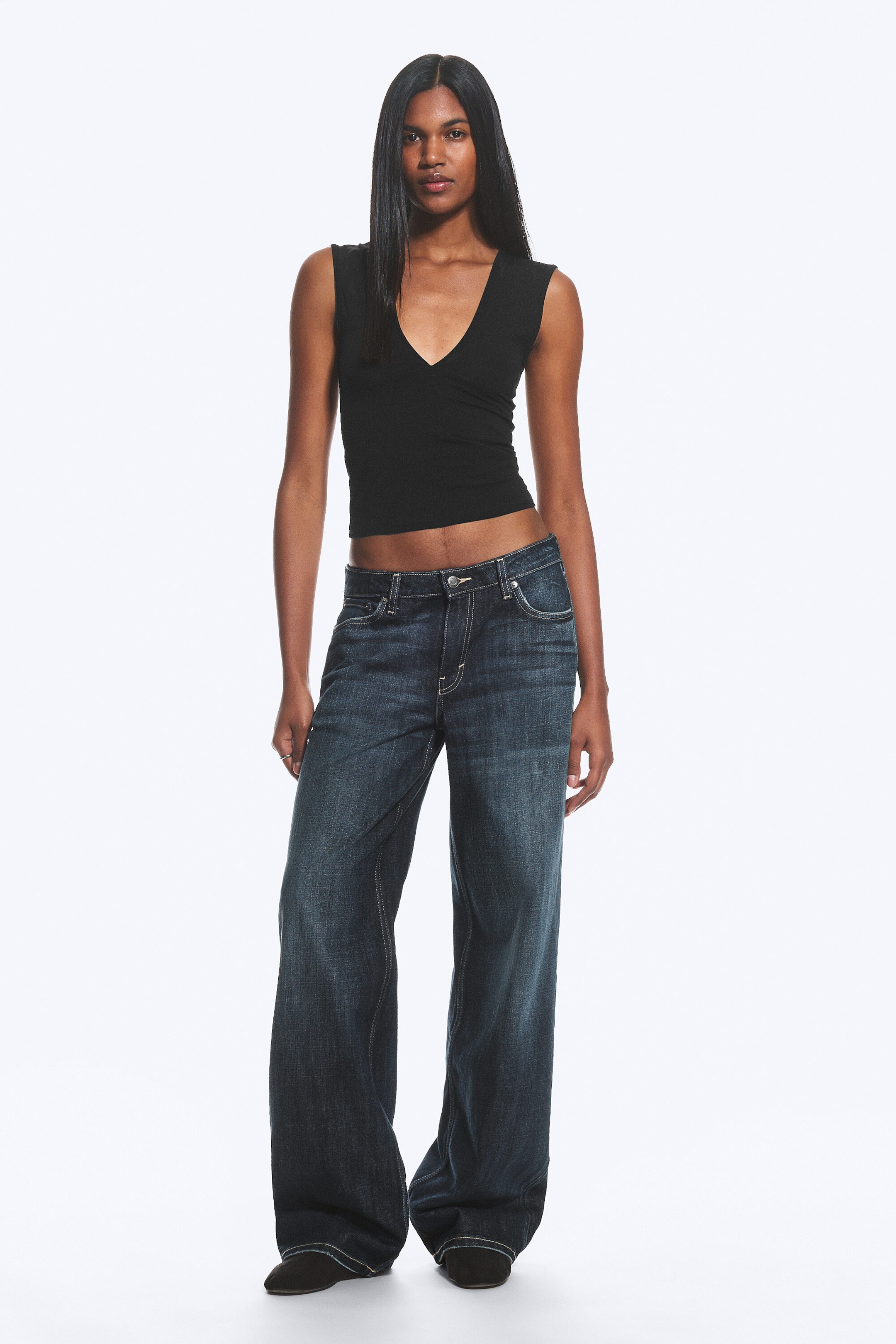Deep Sea Blue - Dark Blue - Ample Low Rise Loose Wide Leg Jeans - 2