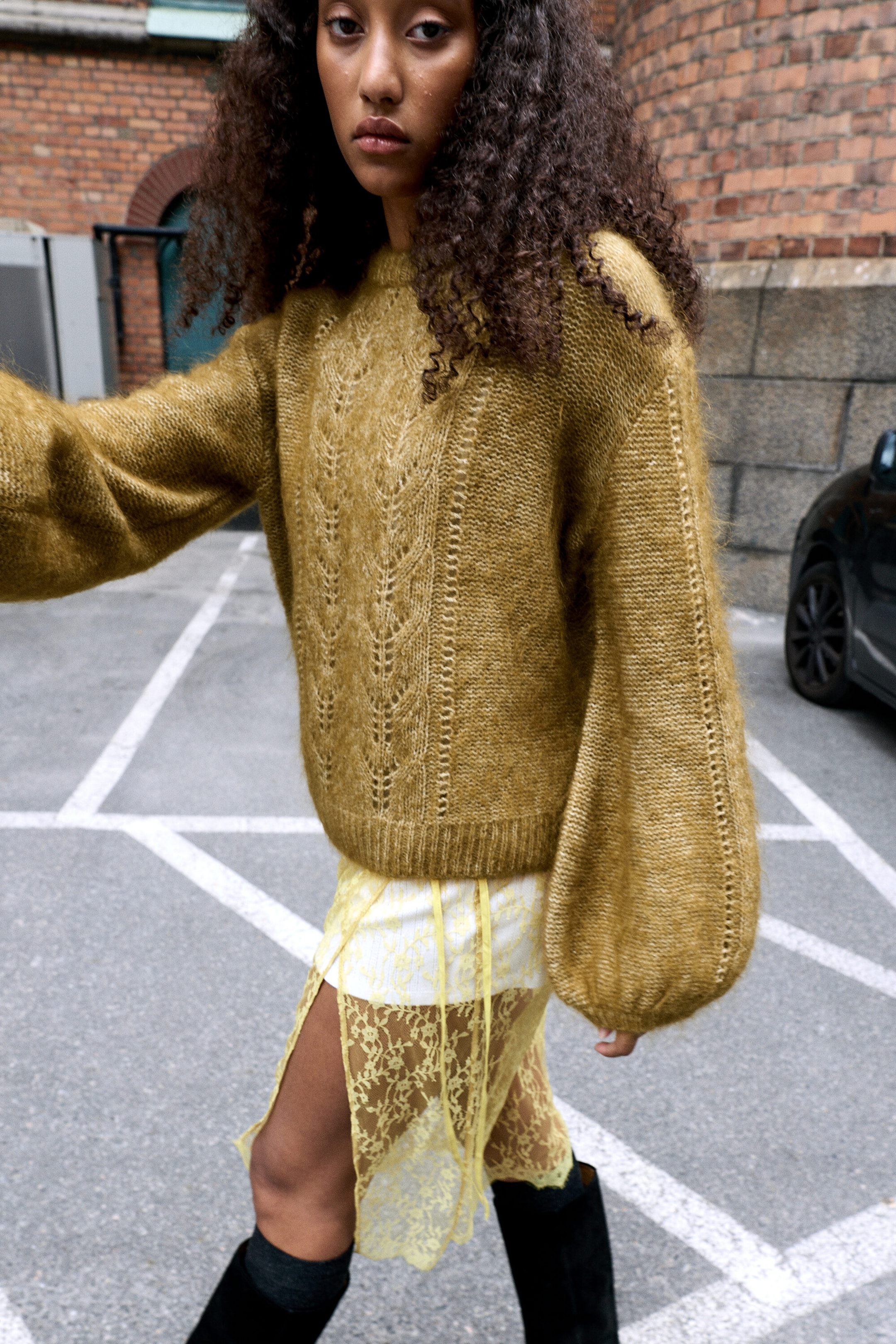 Dusty Khaki Green - Balloon-sleeve Mohair Blend Sweater - 1