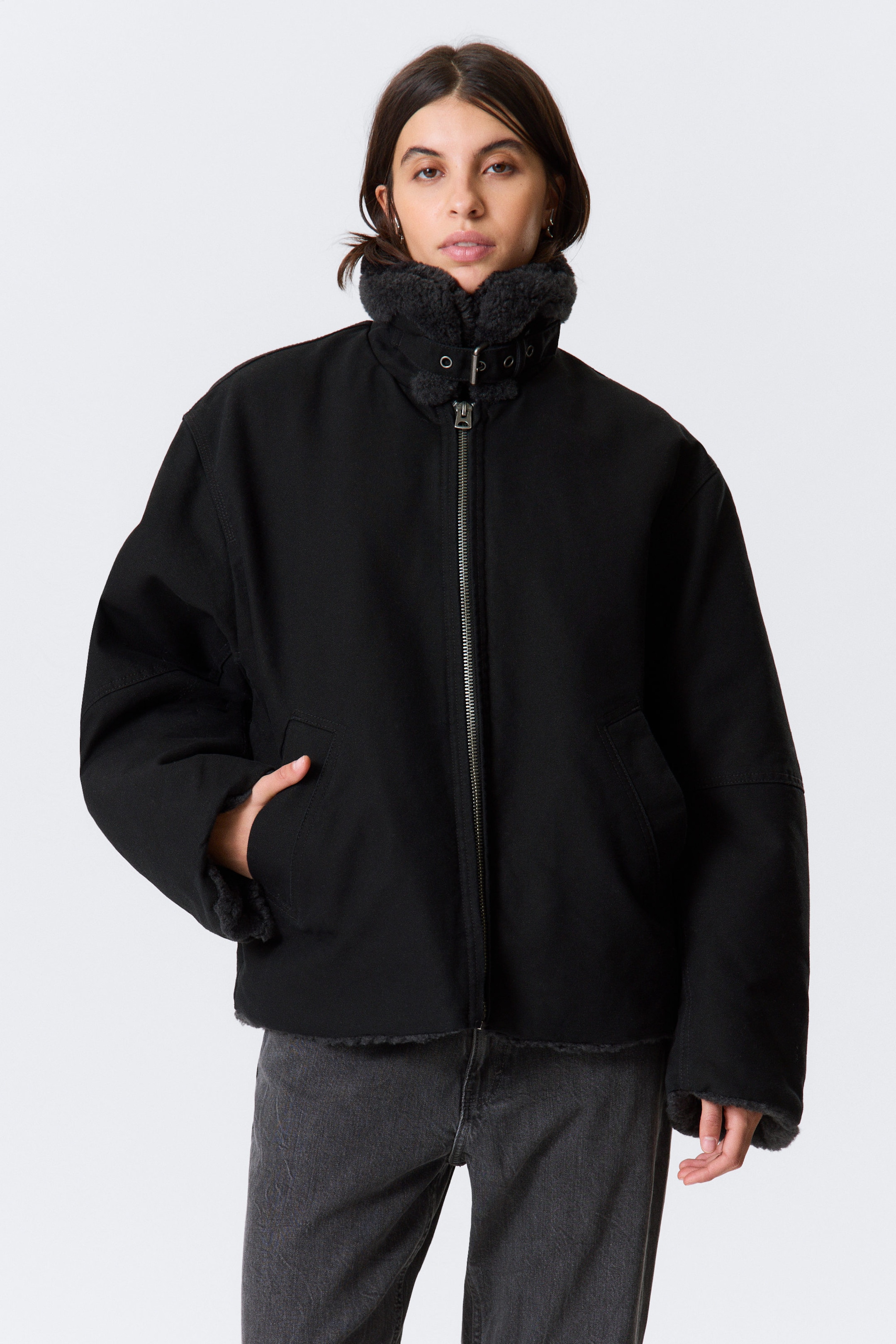 Black - Fur-Lined Canvas Jacket - 2