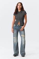 Dunkelgrau meliert - Eng anliegendes Kurzarm-Top mit Reißverschluss - 1