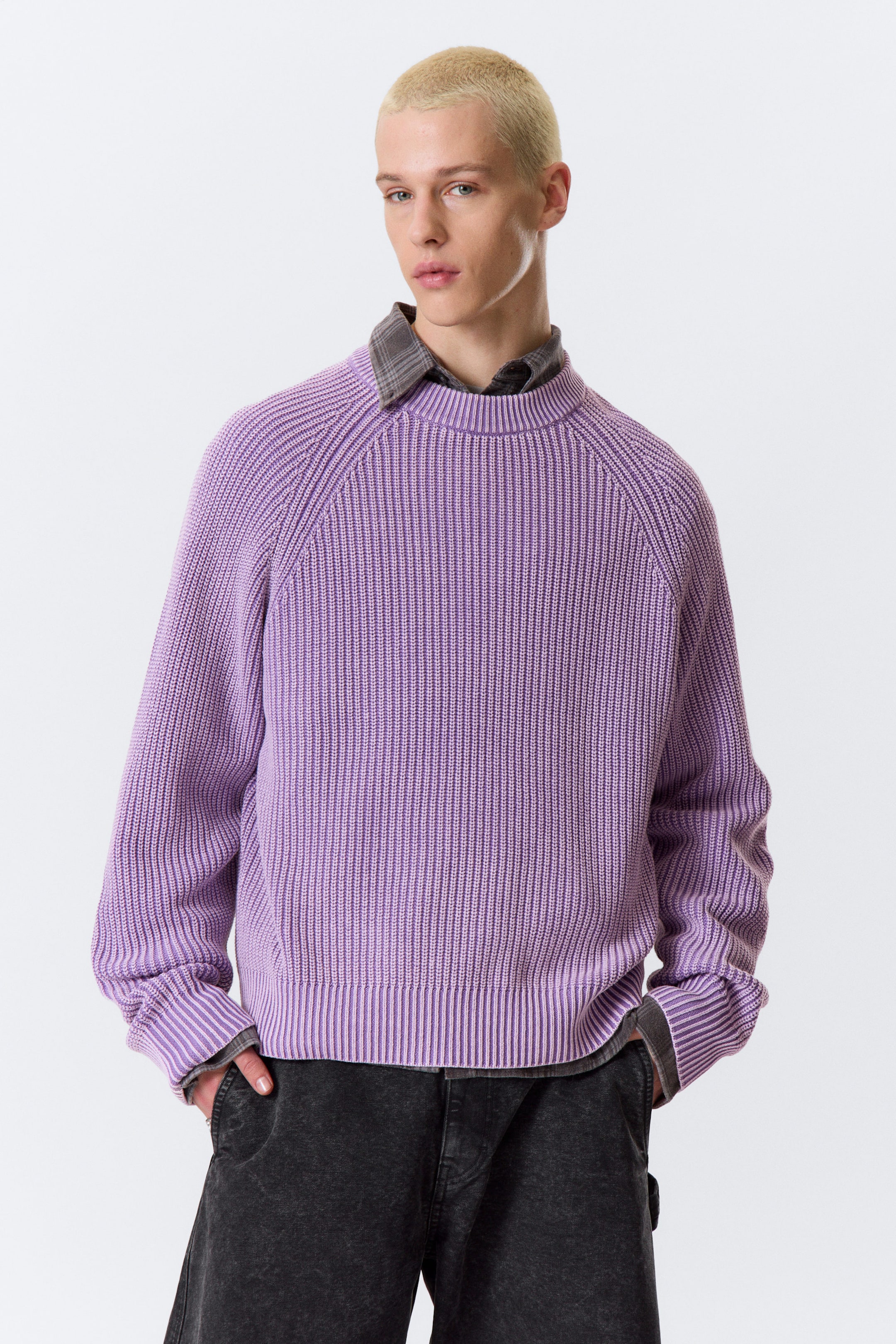 Washed Purple Melange - Relaxed Knitted Cotton Sweater - 1