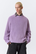 Washed Purple Melange - Relaxed Knitted Cotton Sweater - 0