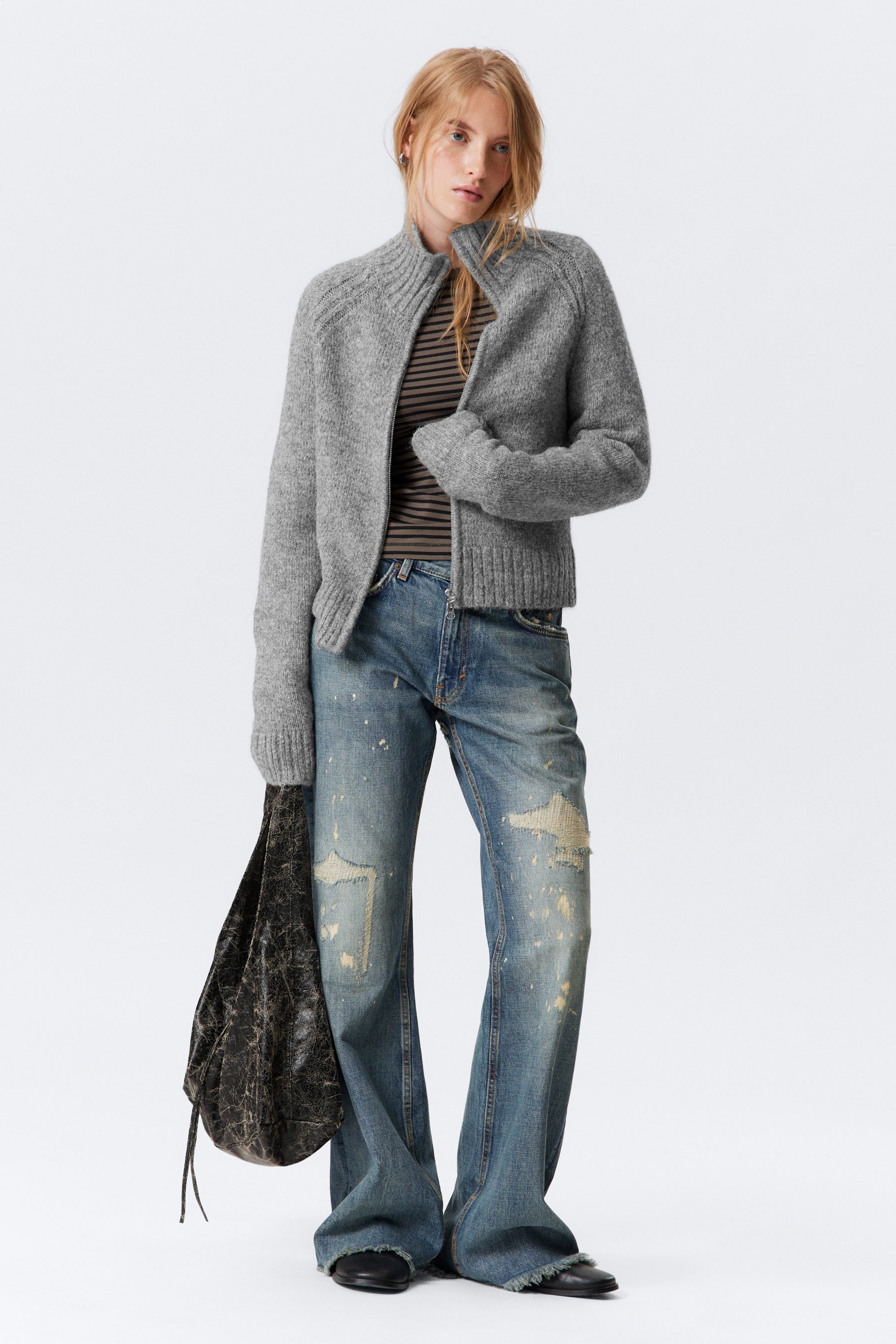 Grau meliert - Weicher Strick-Cardigan mit Reißverschluss - 1