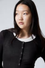Black - Sheer Rib Long Sleeve Henley Top - 1