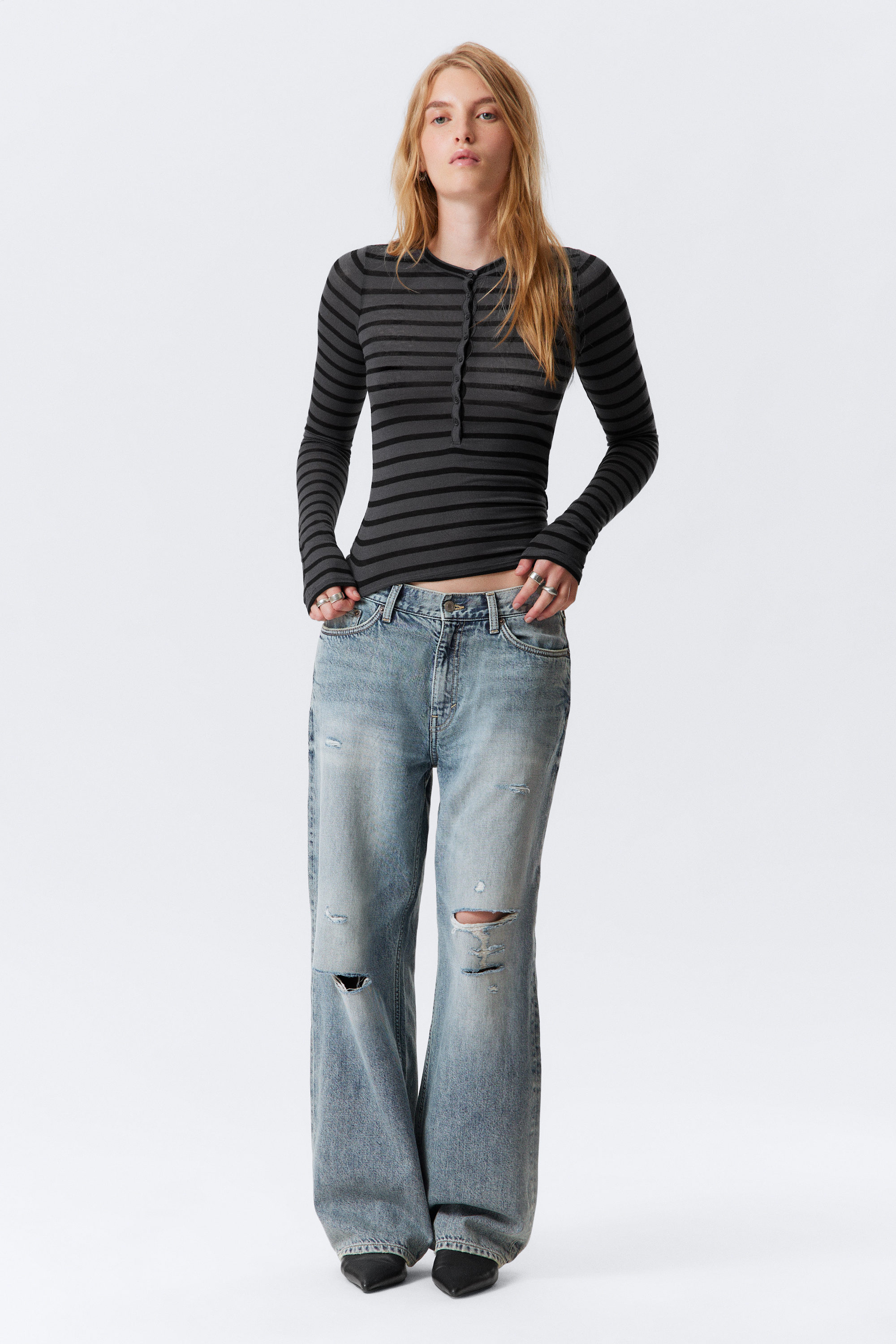 Black & Grey Stripes - SLIM BUTTONED LONG SLEEVE TOP - 2