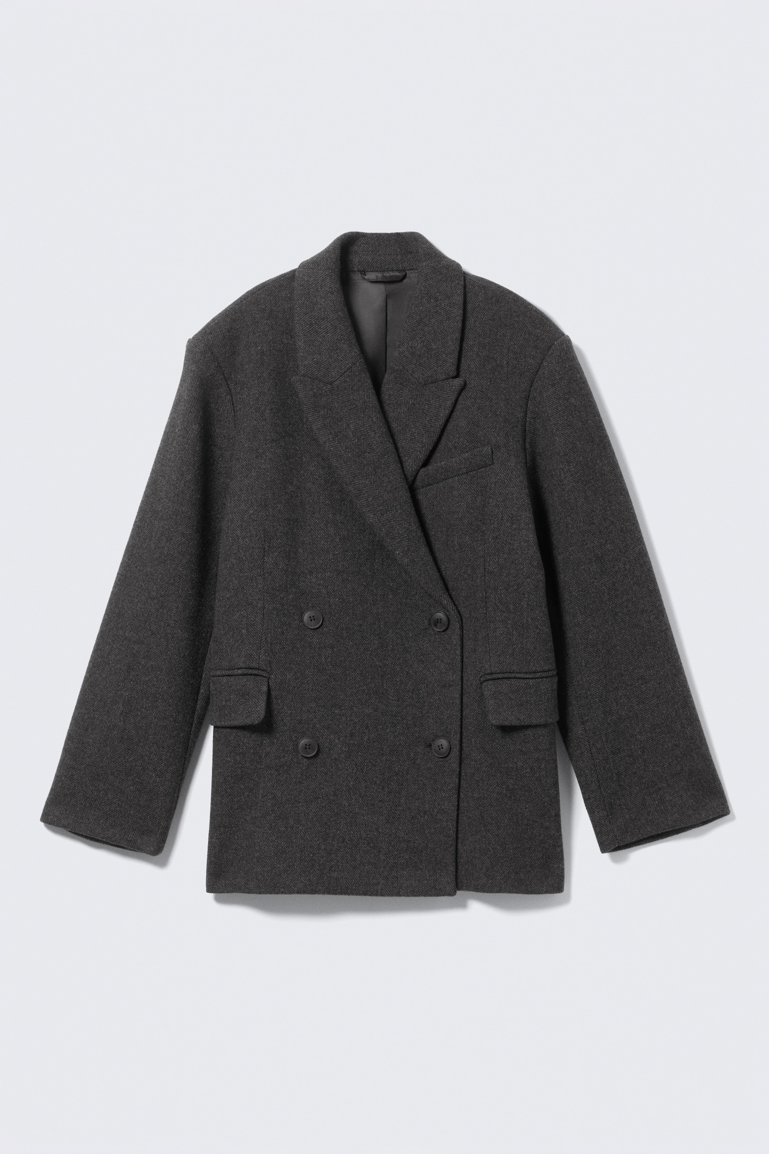 Blazer Oversized de Mistura de Lã com Dupla Abotoadura - Cinzento Escuro - Espinha de Peixe - 2