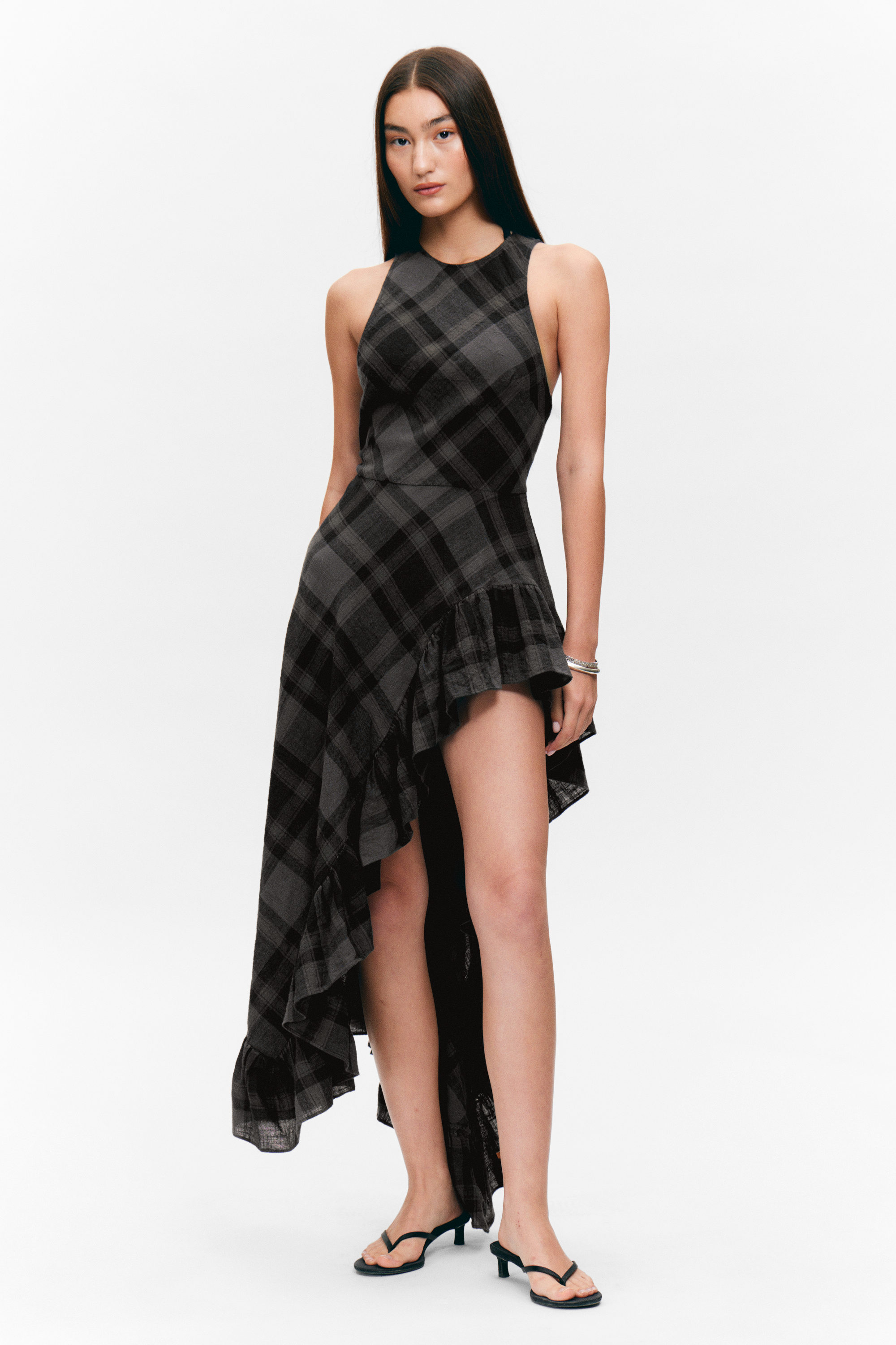 Dark Grey Check - Sleevless Asymmetric Ruffled Maxi Dress - 1