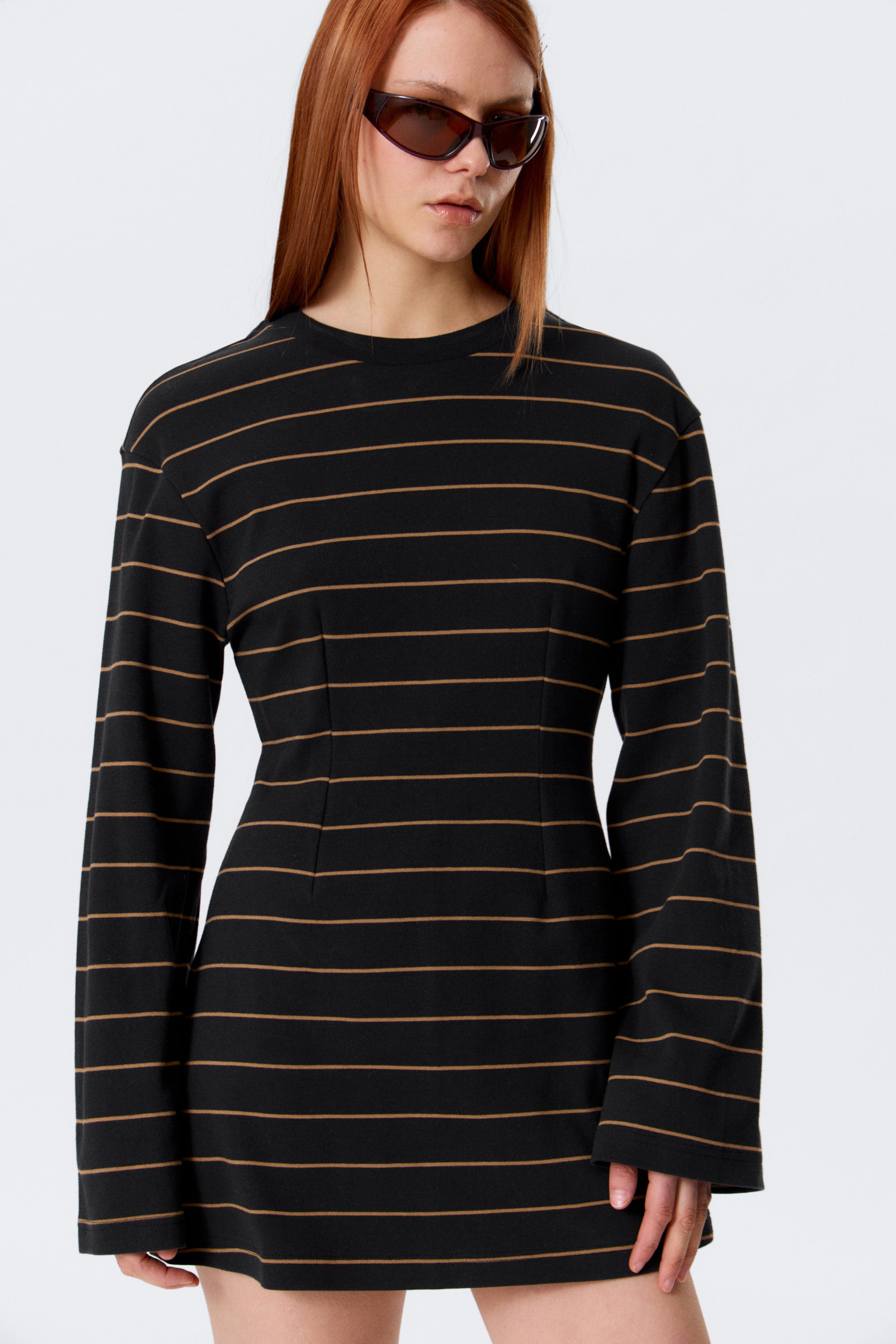 Striped Black - Long-Sleeved Cotton Mini Dress - 2