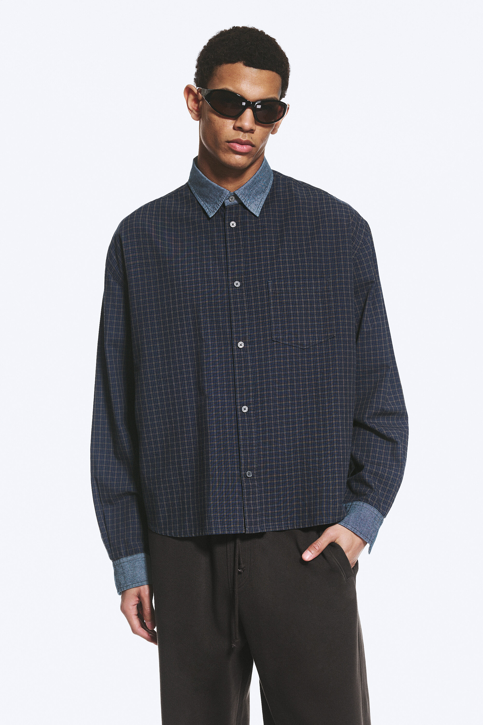 boxy long-sleeved cotton poplin shirt - Beige Check | Weekday WW