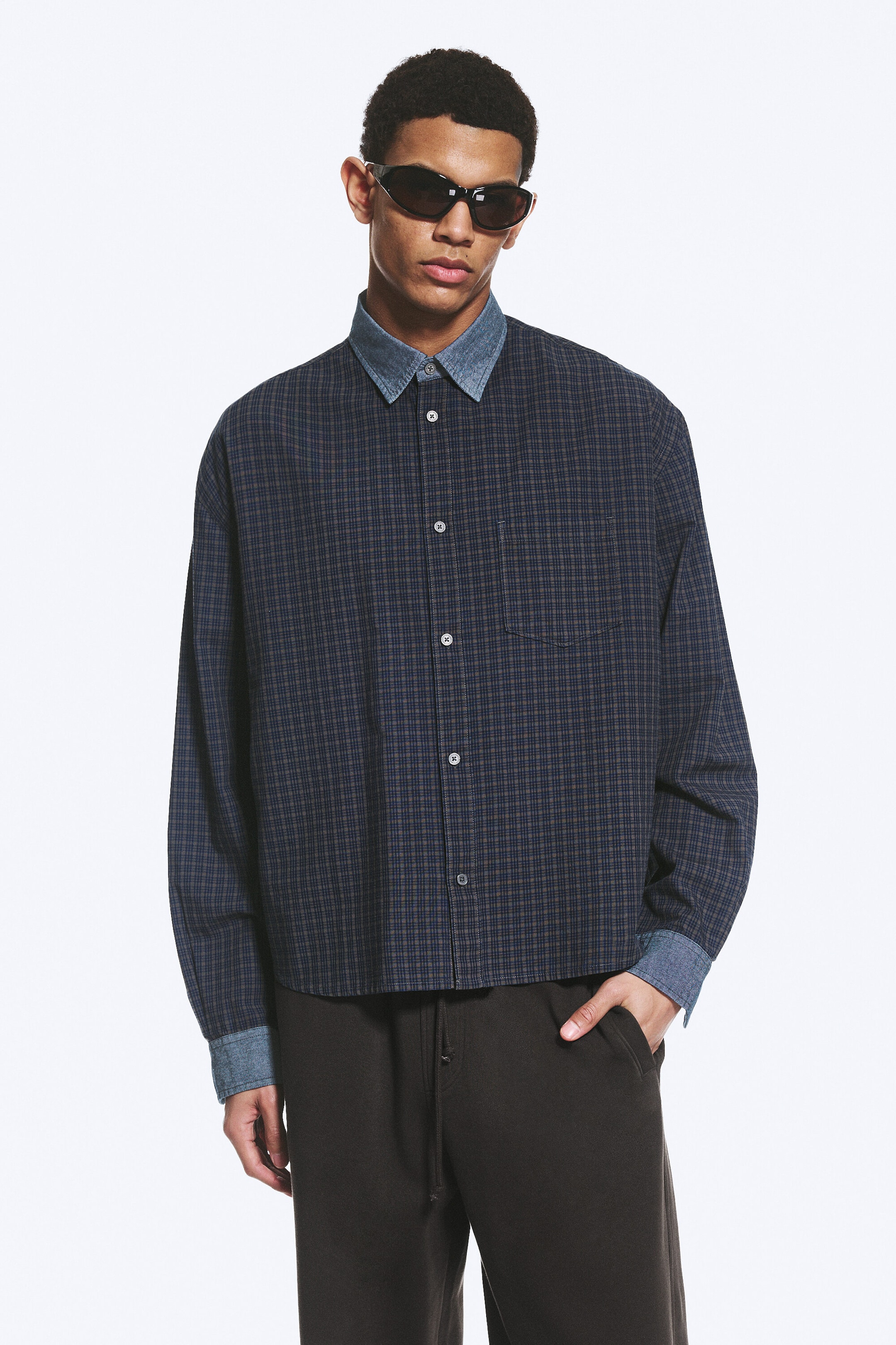 Checked Grey - Contrast Denim - Relaxed Checked Cotton Shirt - 1