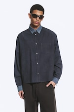 Checked Grey - Contrast Denim - Relaxed Checked Cotton Shirt - 0