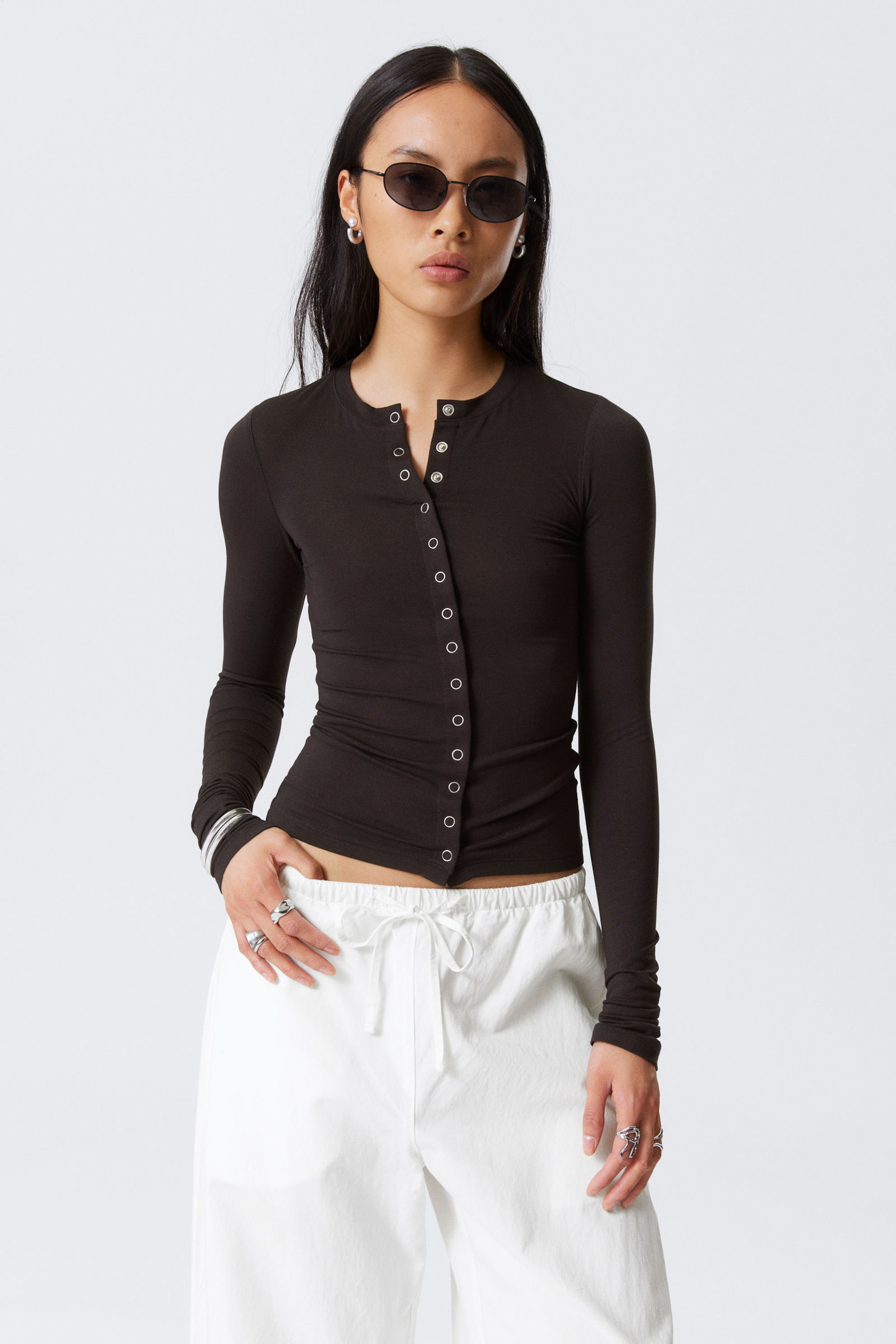 Dark Brown - Slim LongSleeved Buttoned Cardigan - 1