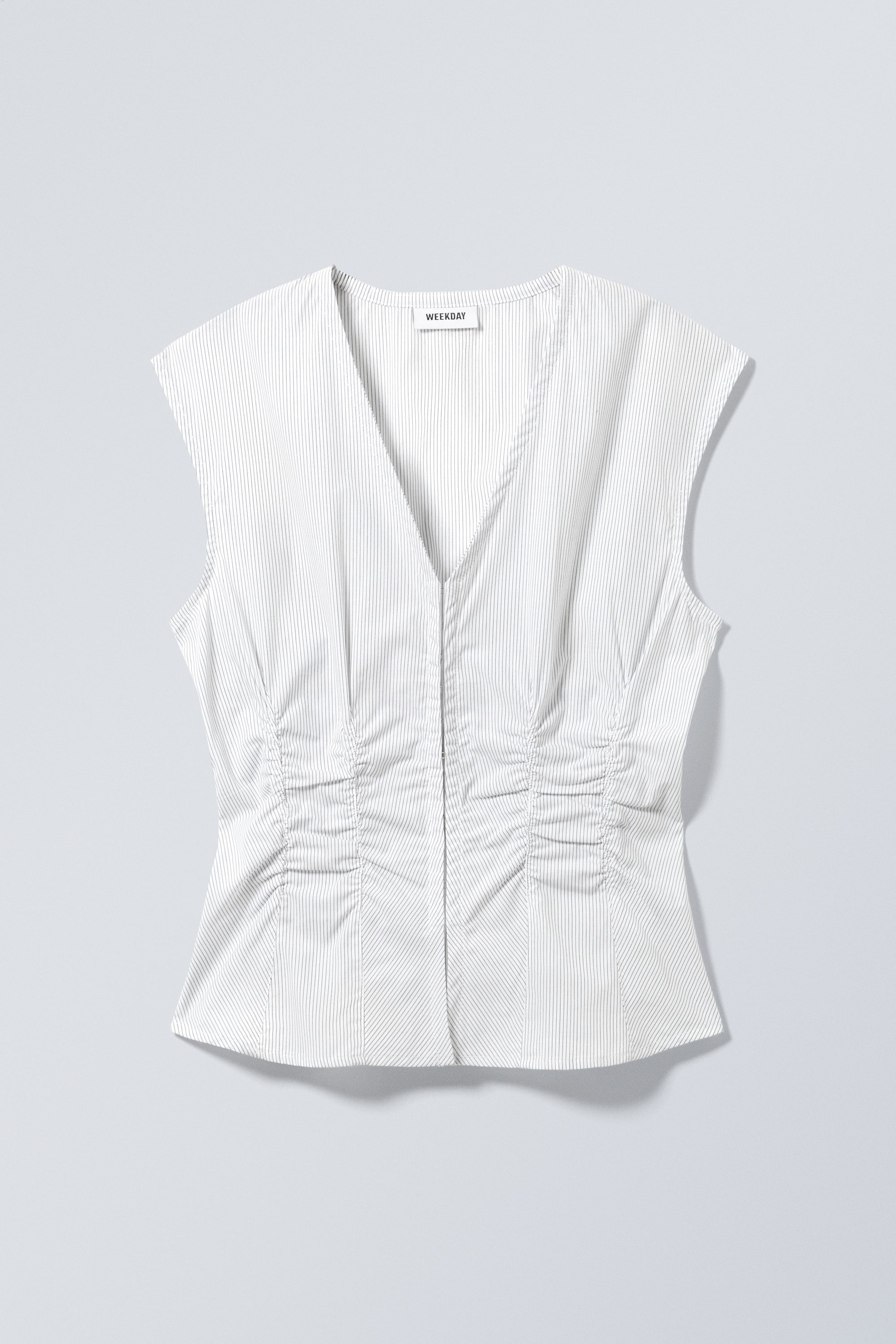 Striped White - Sleeveless Gathered Poplin Top - 0