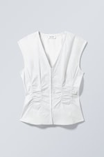 Striped White - Sleeveless Gathered Poplin Top - 0
