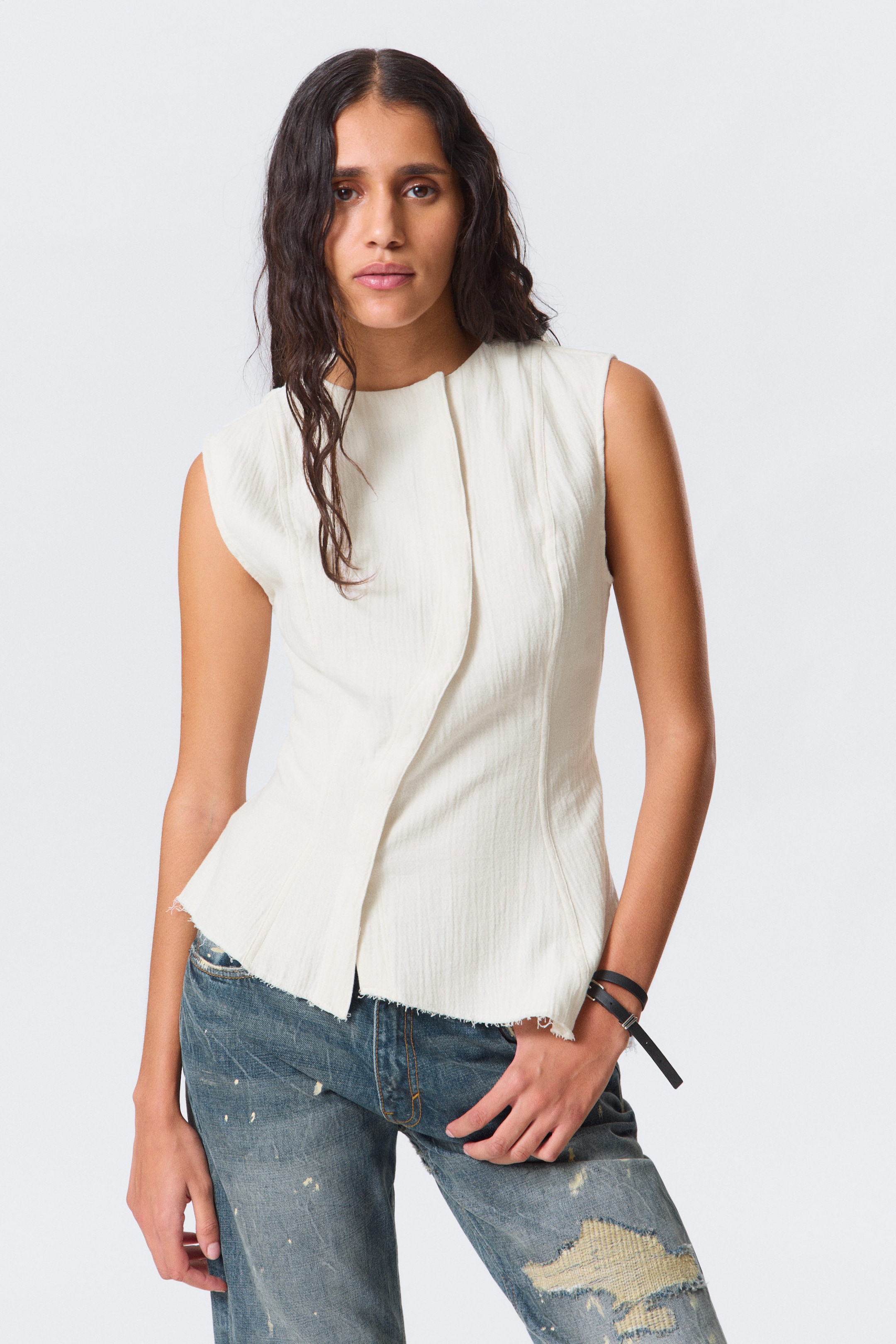 White - Sleeveless Asymmetric Peplum Top - 1