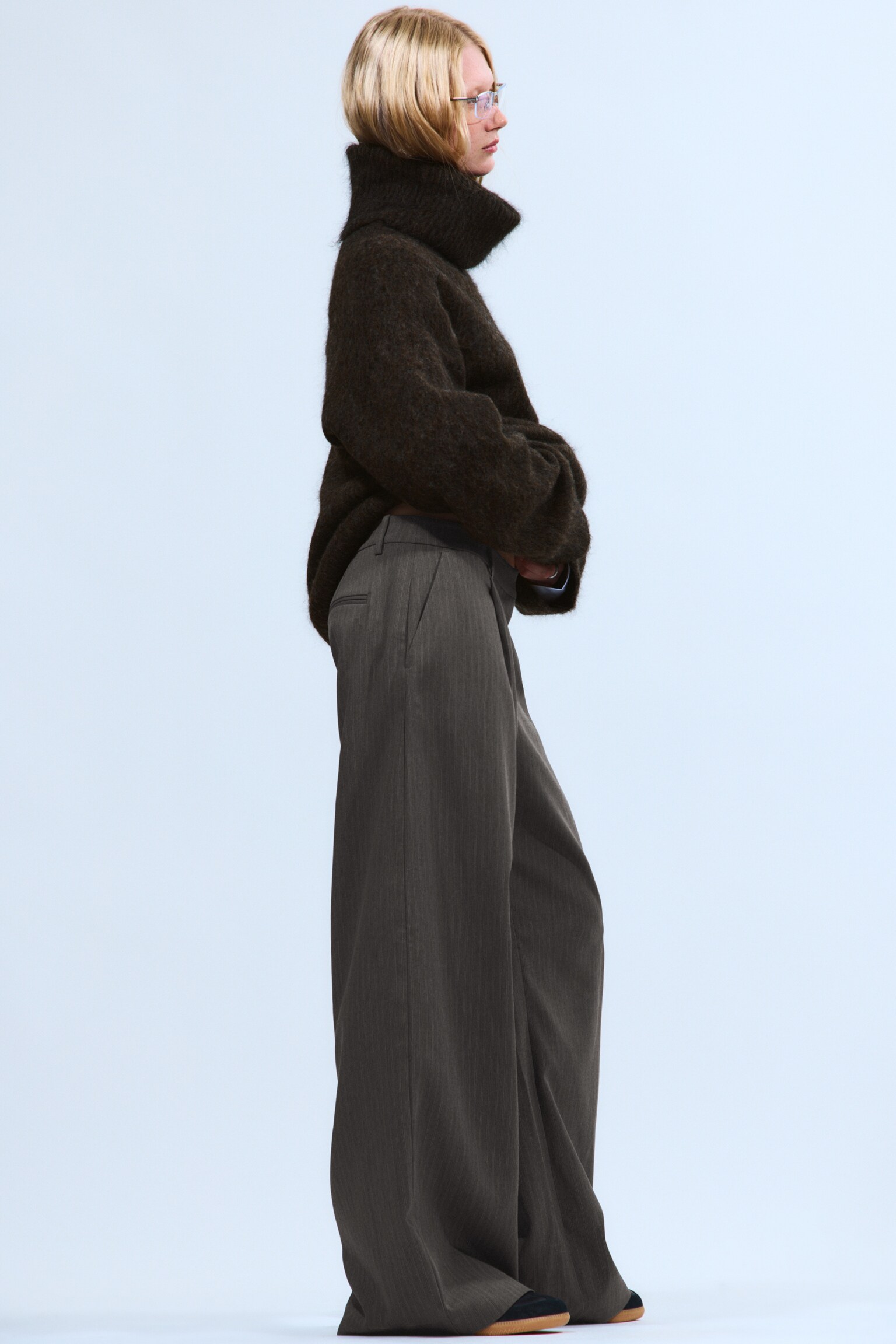 Low Waist Wide Suiting Trousers - Striped Dark Grey/Dark Khaki Green/Black - 3