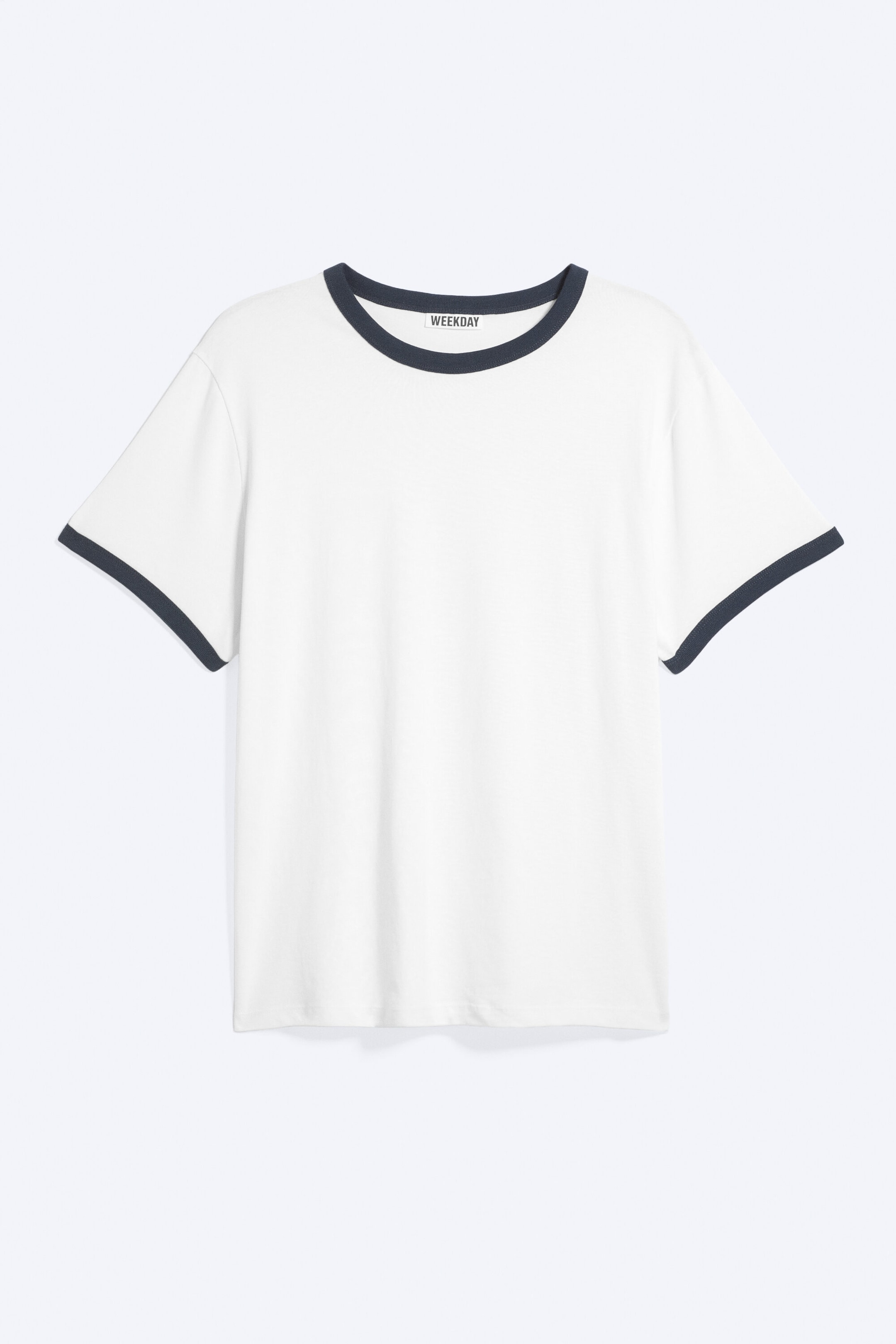White - Blue Binding - Short-Sleeved Contrast Trim Cotton T-shirt - 0