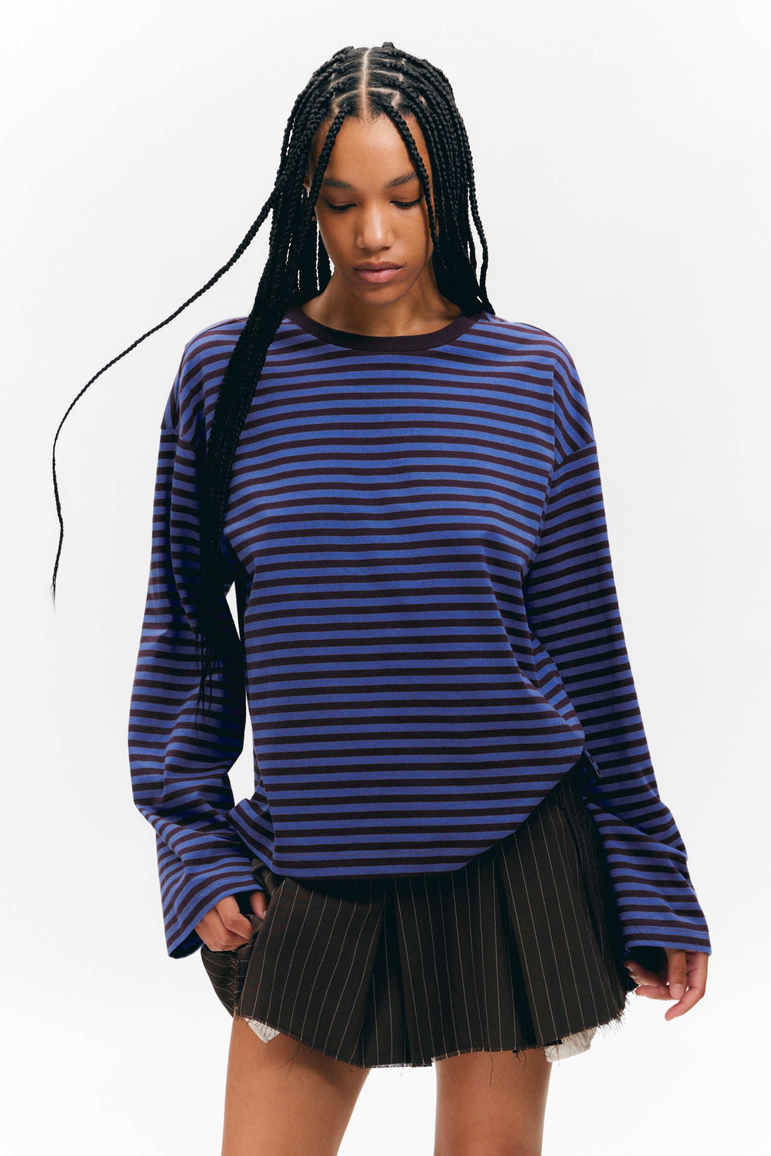 Long-Sleeved Cotton T-shirt - Blue & Burgundy Stripes/Bright Red & Beige Stripes/Gestreept donkerbruin - 1