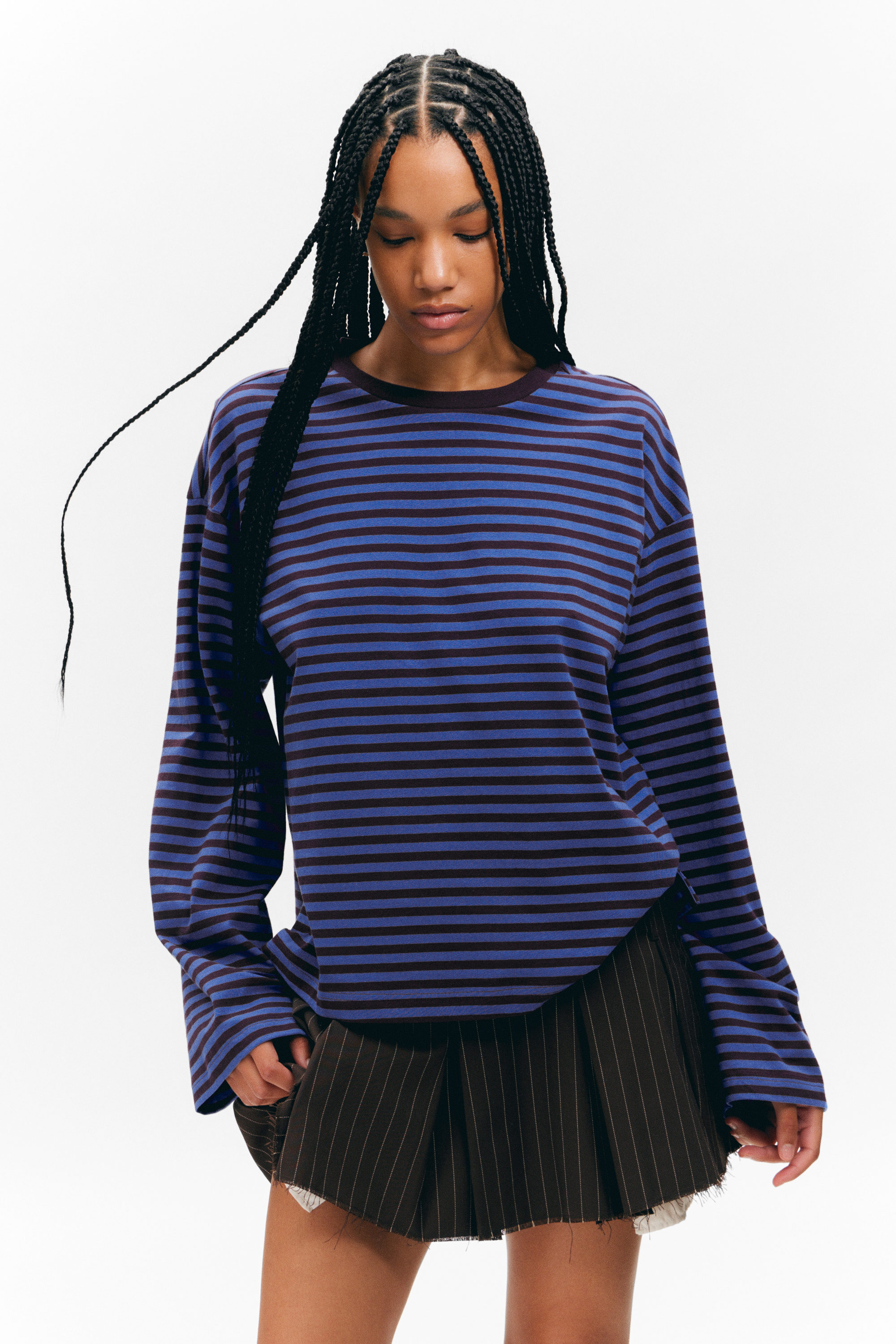 Blue & Burgundy Stripes - Long-Sleeved Cotton T-shirt - 1