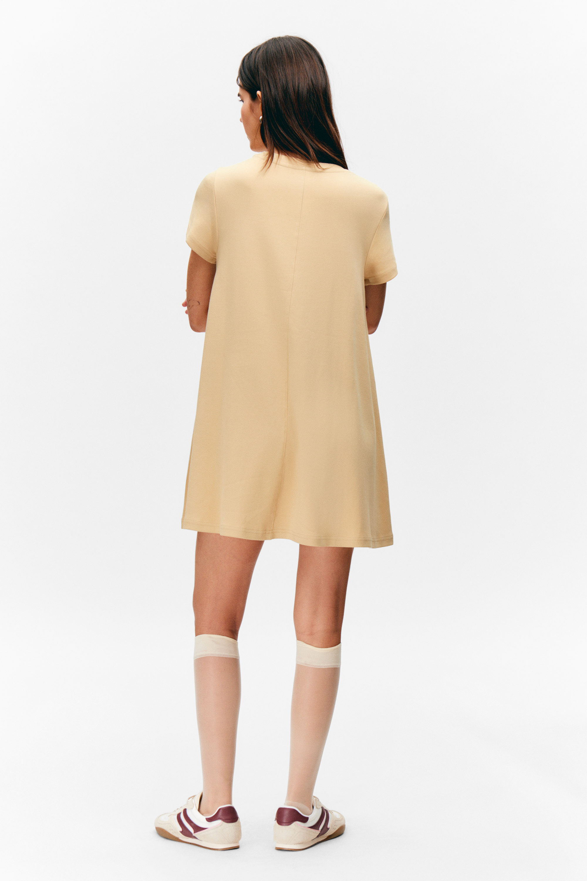 Beige - Short-Sleeved A-line Tee Dress - 2