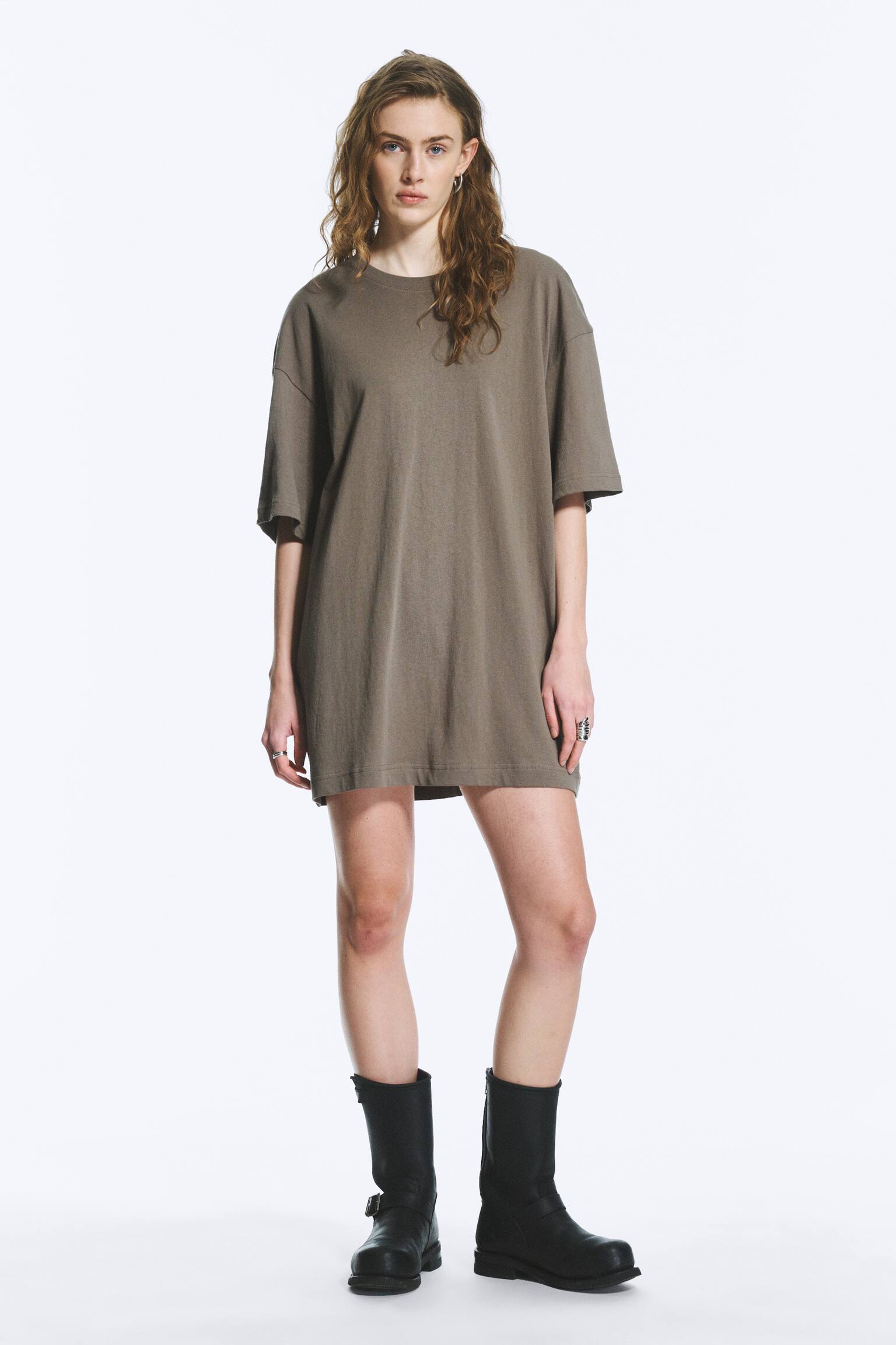 Oversized Cotton T-shirt Dress - Zachtgrijs/Wit - 1