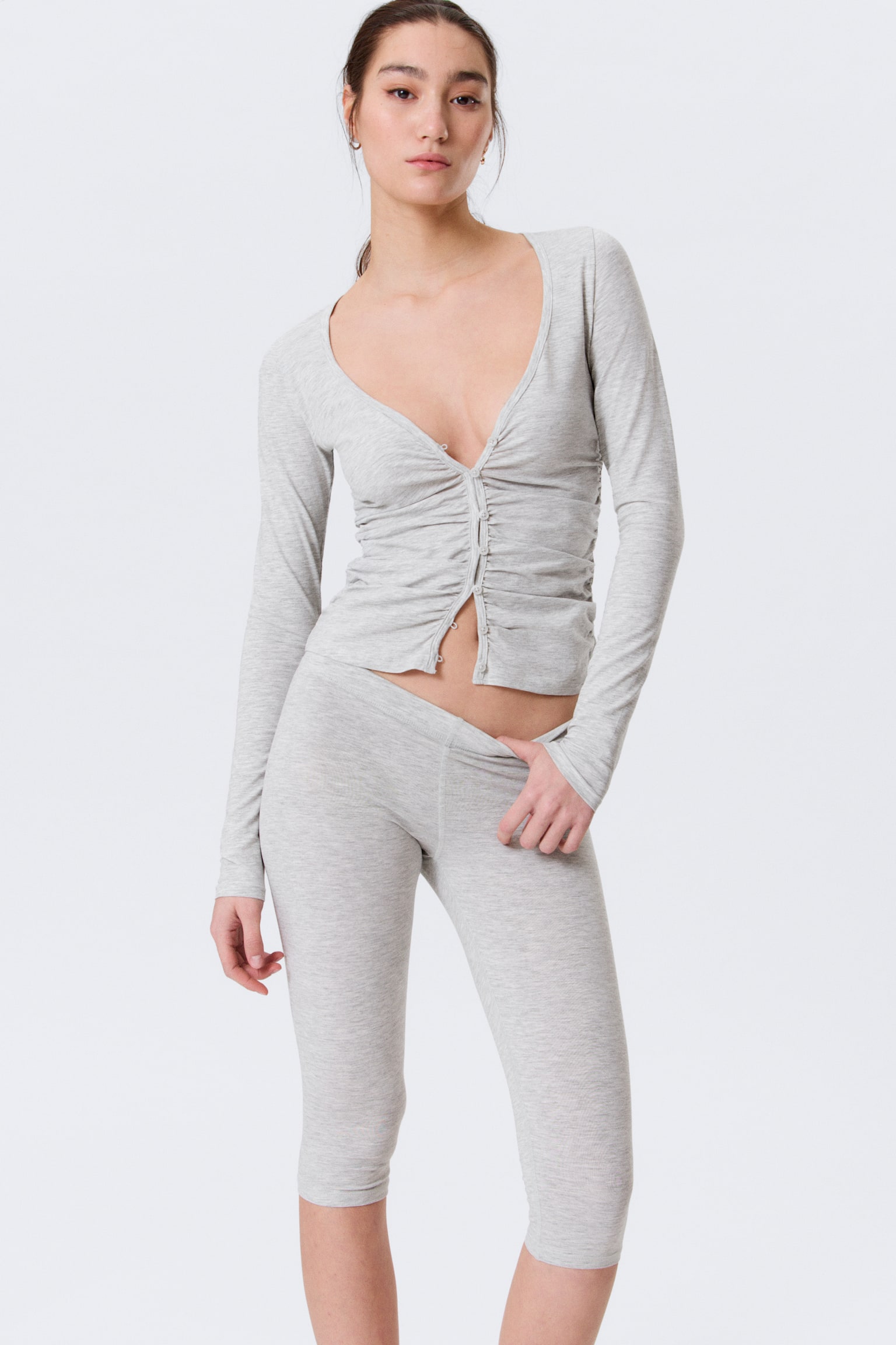BELLE B RUCHED V-NECK CARDIGAN - Light Grey Melange/White/Pink - 1