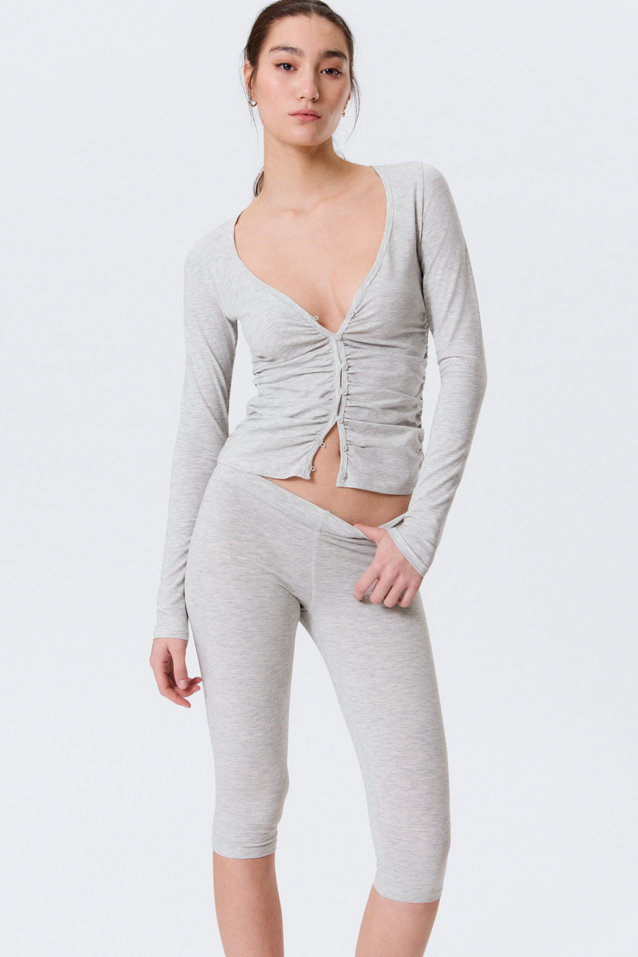 Hellgrau meliert - BELLE B - GERAFFTER CARDIGAN MIT V-AUSSCHNITT - 1