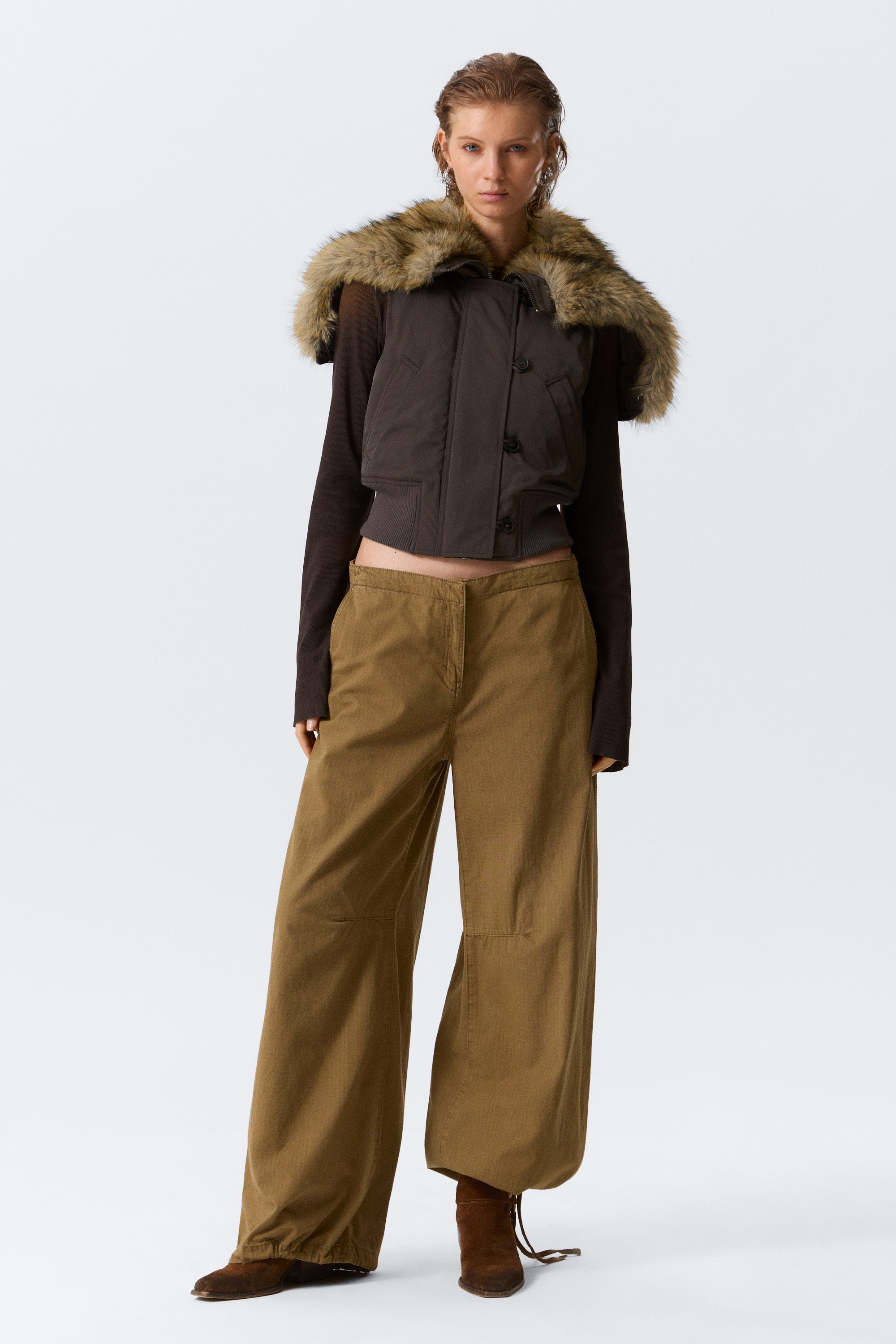 Baggy ripstop broek met lage taille - Donker kaki/Beige/Donkergrijs