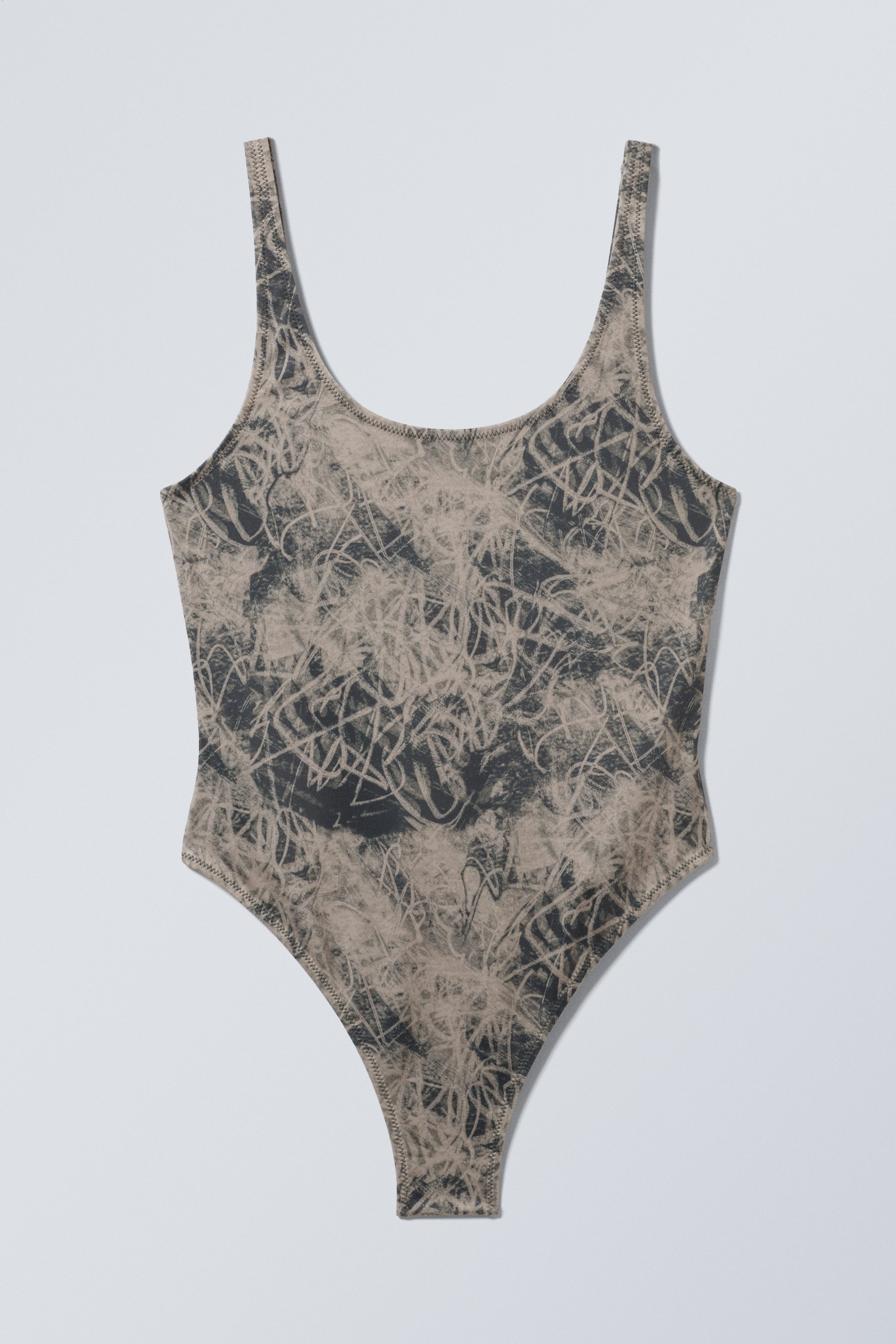 Graubraun - Scribble-Design - Bedruckter Badeanzug mit U-Ausschnitt - 1