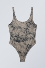 Graubraun - Scribble-Design - Bedruckter Badeanzug mit U-Ausschnitt - 0