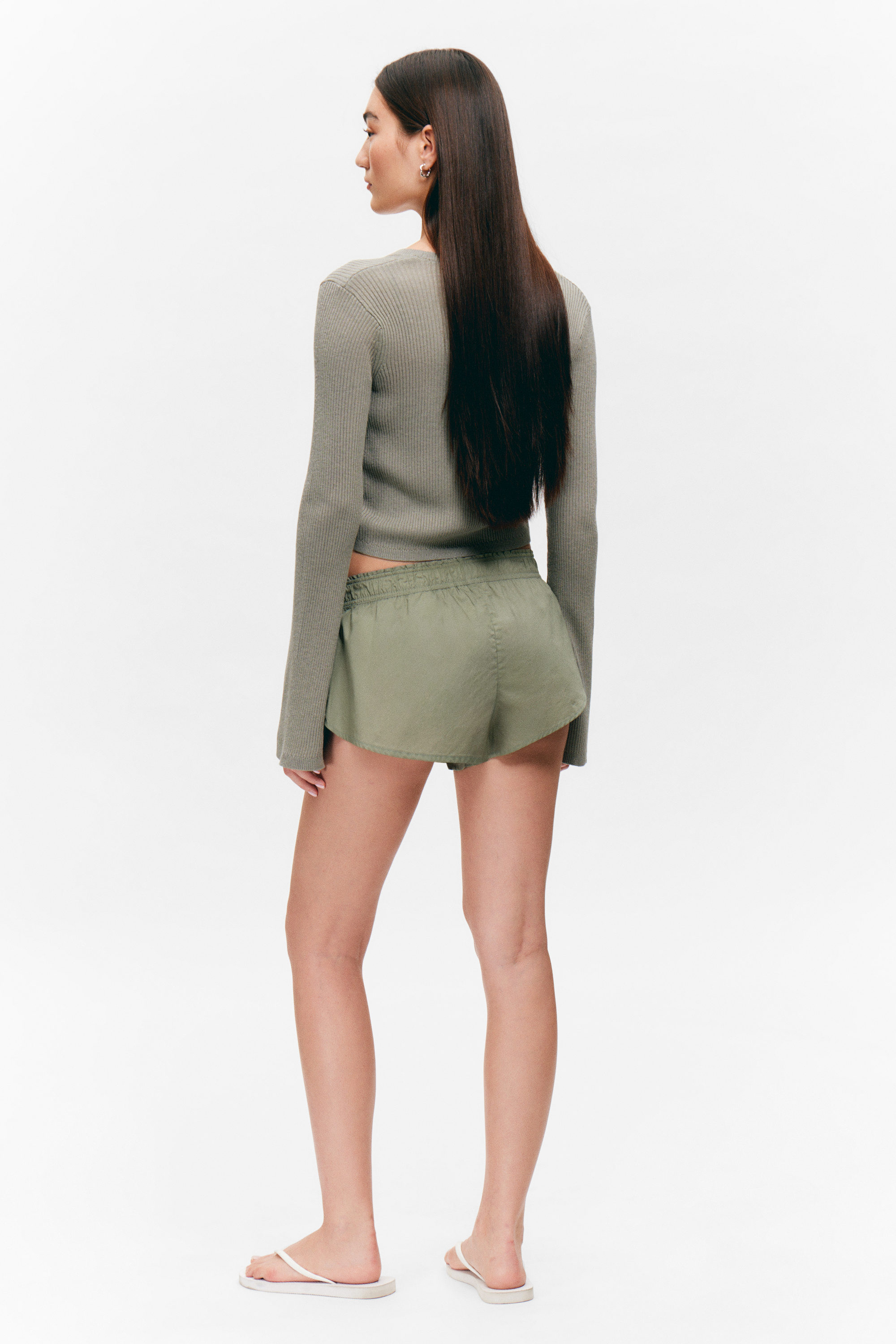 Khakigrün - Mittelhoher Pyjama-Slip aus Baumwollpopeline - 6
