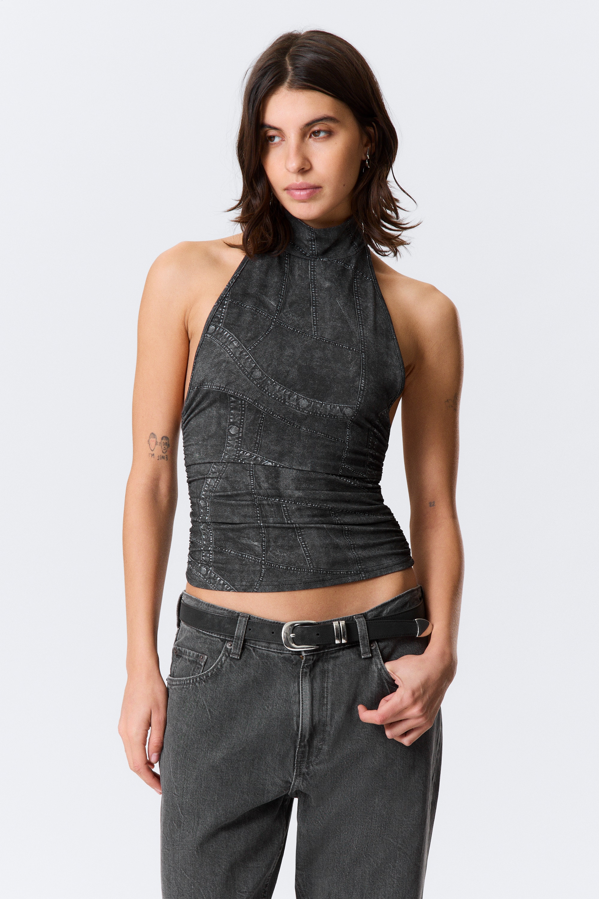 Top cu spatele gol și guler halter, imprimat - Negru - Imprimeu Denim