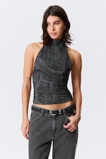 Black - Denim Print - Open-back haltertop met print - 0