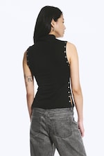 Black - Fitted Snap-Button Mock-Neck Top - 3