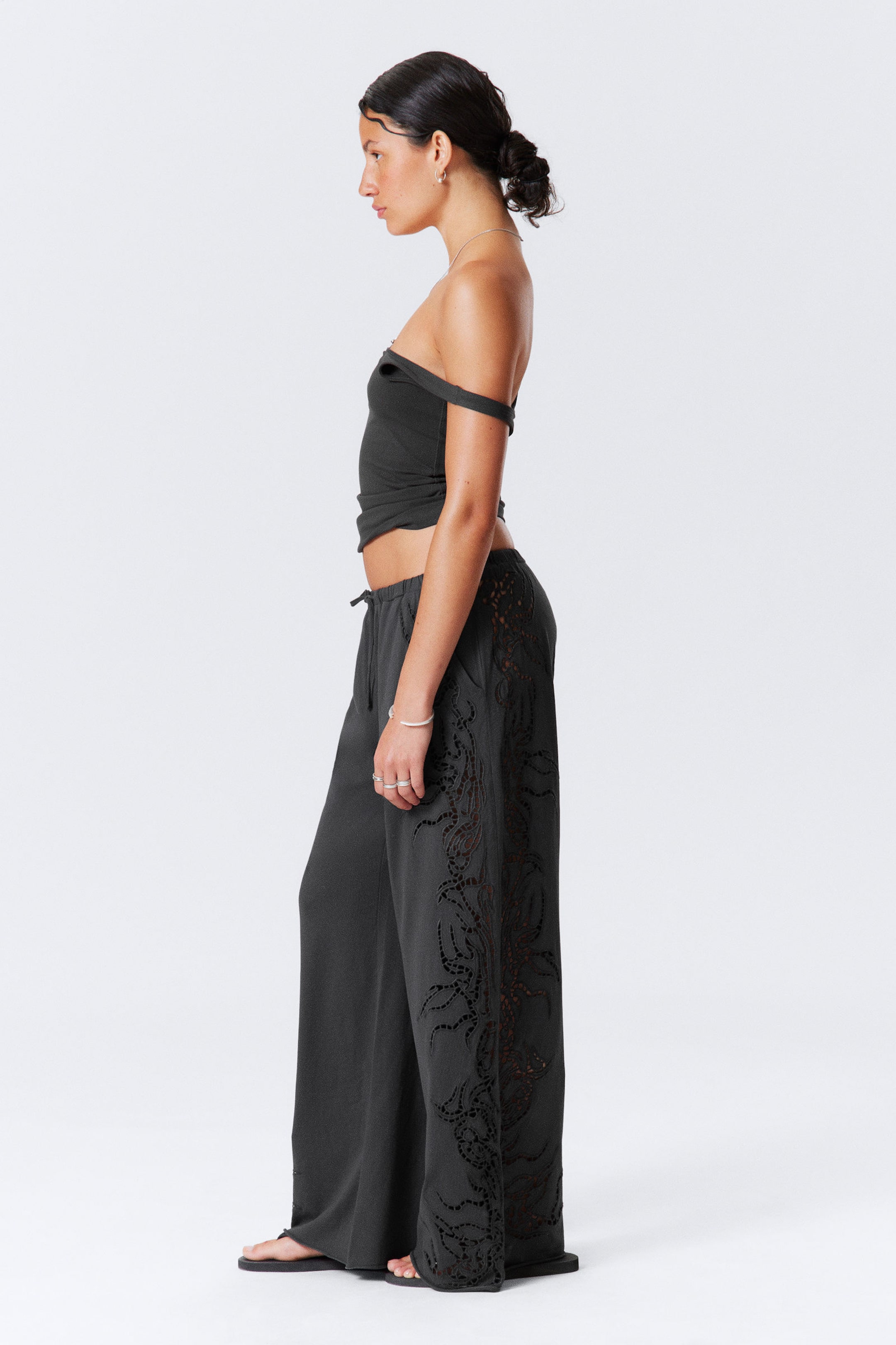 Dark Grey - Broderie Anglaise Loose Fit Trousers - 2