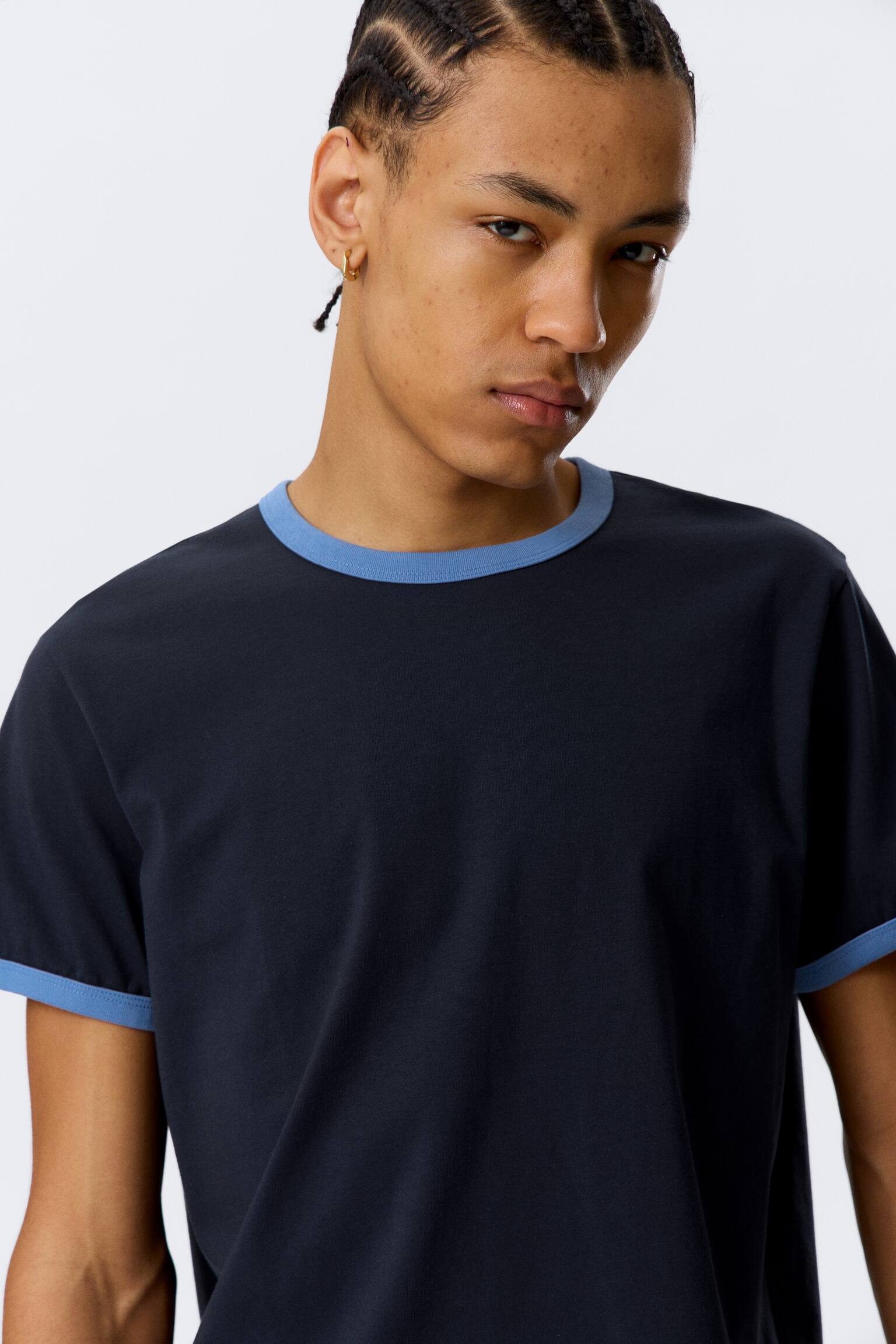 Short-Sleeved Contrast Trim Cotton T-shirt - Dark Blue - Light Blue Binding/White - Green Binding/White - Black Binding - 3