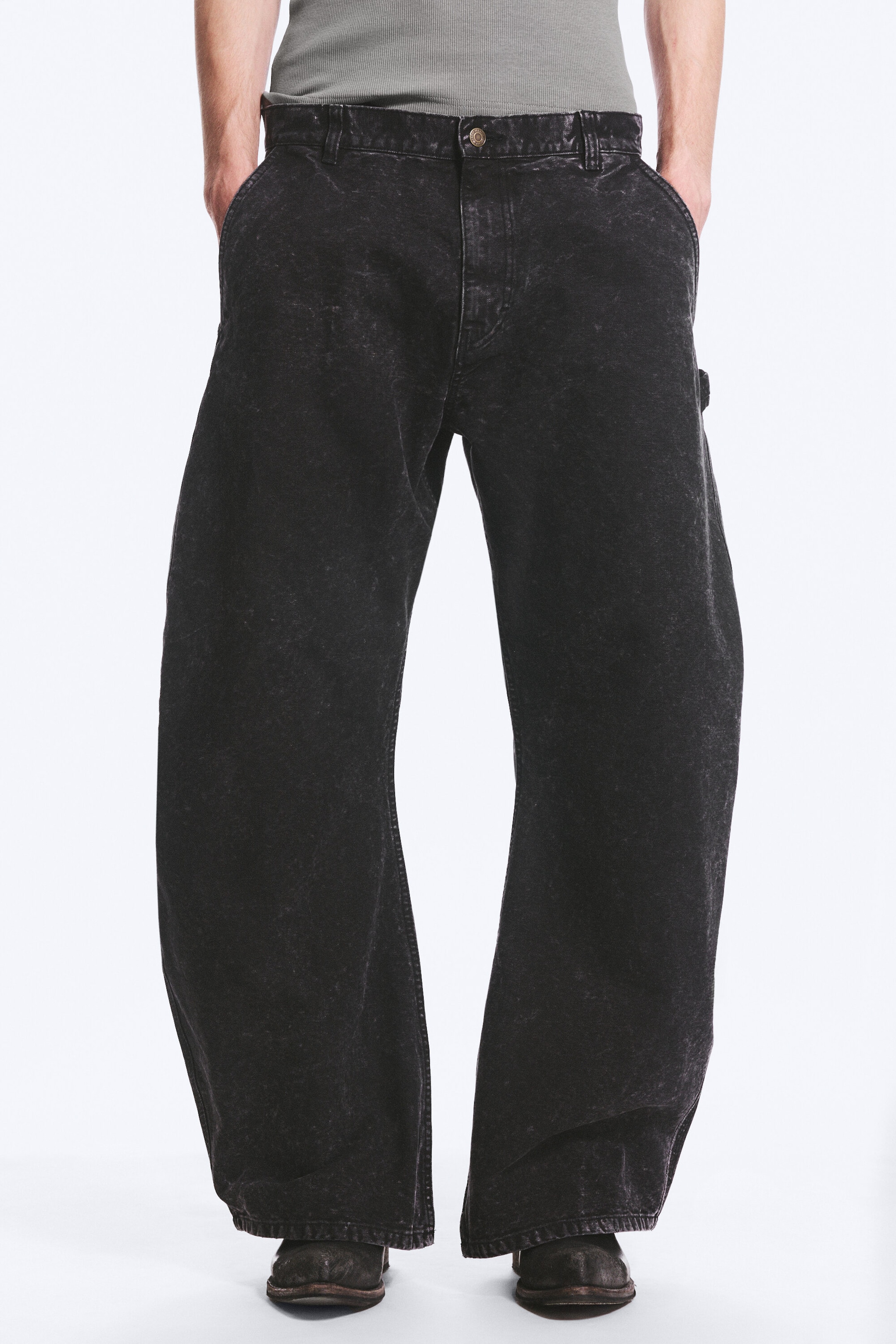 Washed Black - Loose Barrel Leg Workwear Trousers - 3