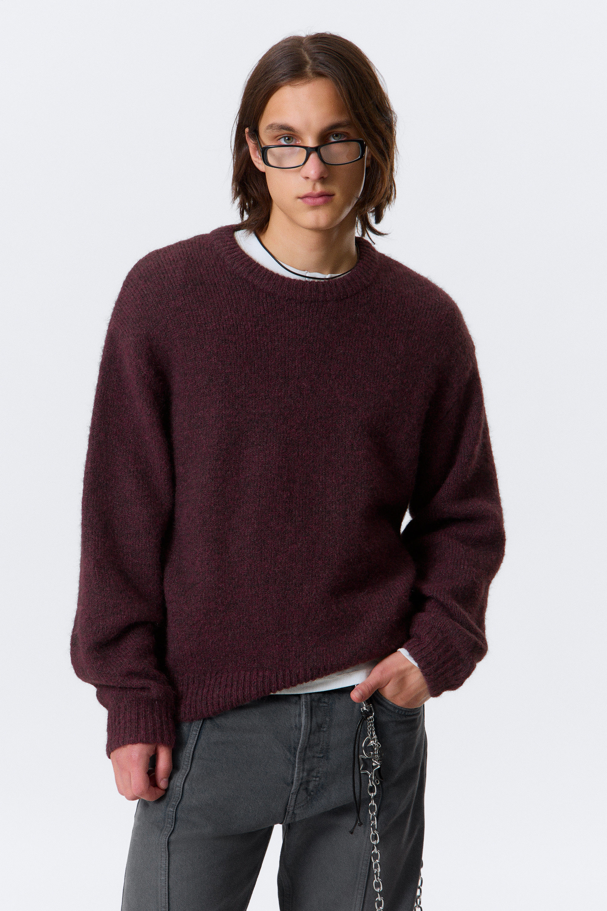 Dark Red Melange - Regular Knitted Wool-Blend Sweater - 1