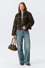 Dark Brown Check - Cropped Boxy Zip Jacket - 1