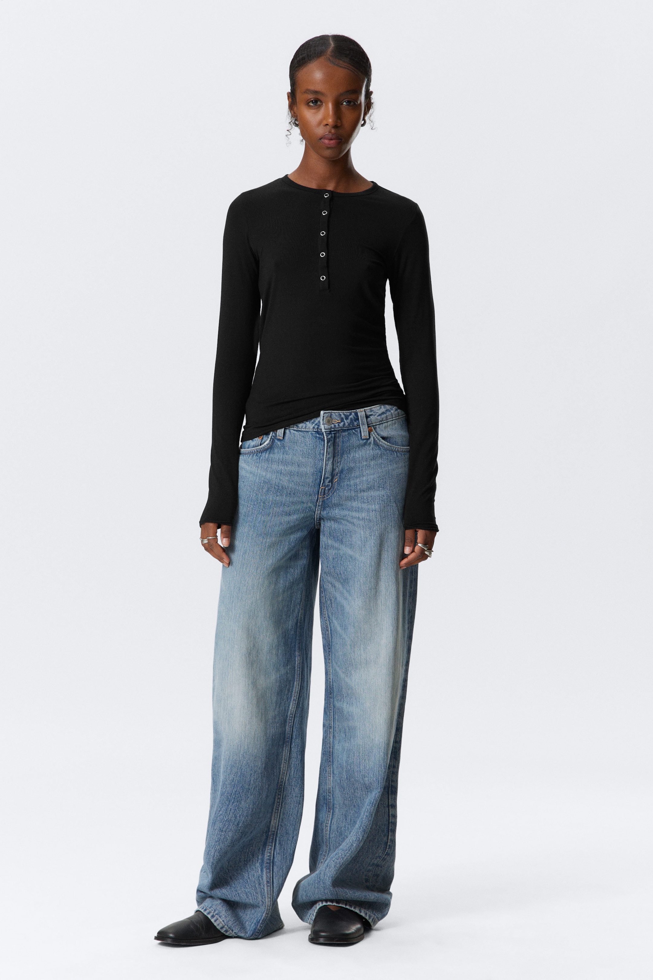 Schwarz - Schmal geschnittenes Henley-Longsleeve - 2