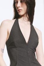 Dark Grey - Tie-Back Hook-and-Eye Halterneck Top - 2