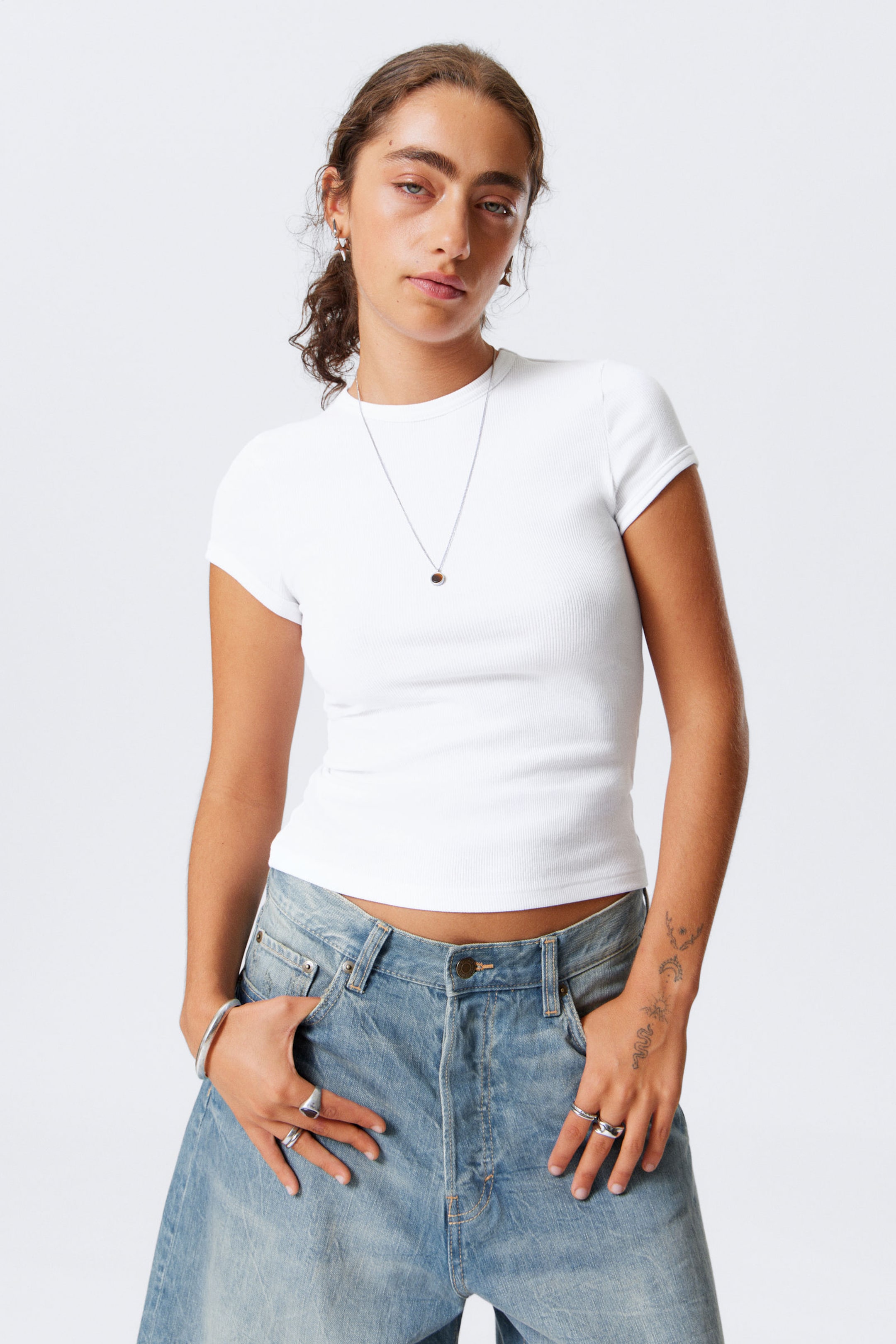 #FFFFFF - Slim Fit Ribbed Cotton T-shirt - 1