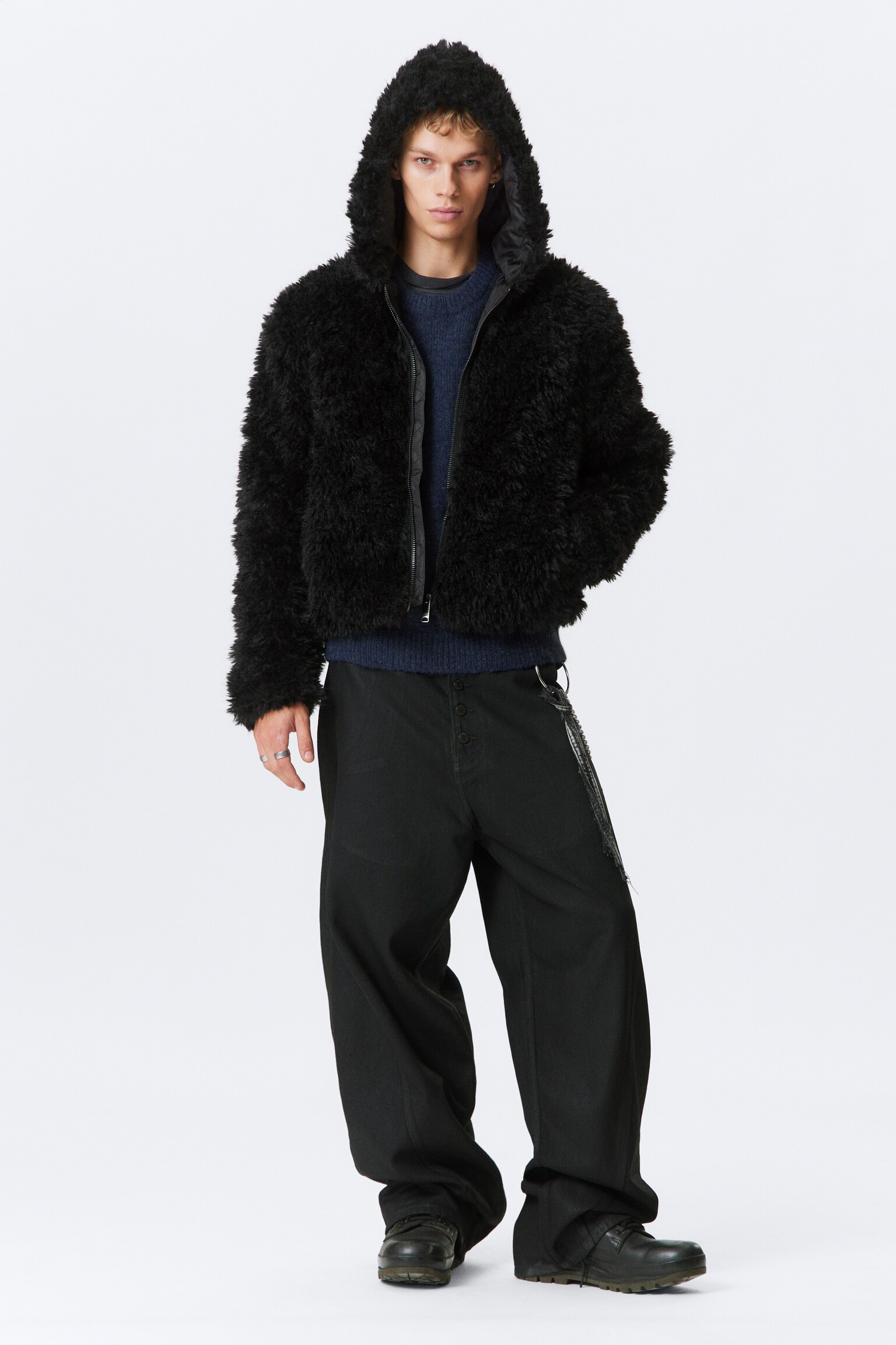 Shrunken Faux Fur Hooded Jacket - Black - 5