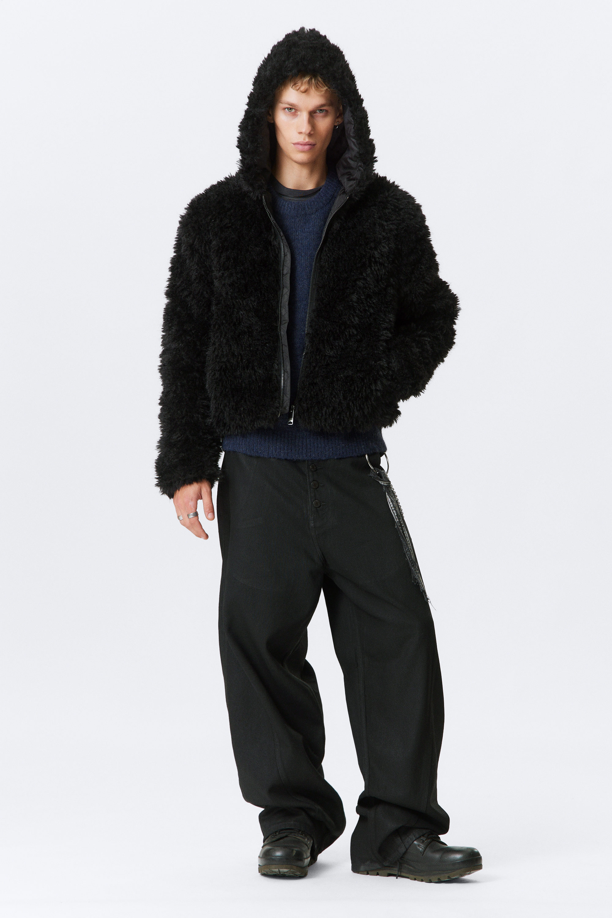 Black - Shrunken Faux Fur Hooded Jacket - 2