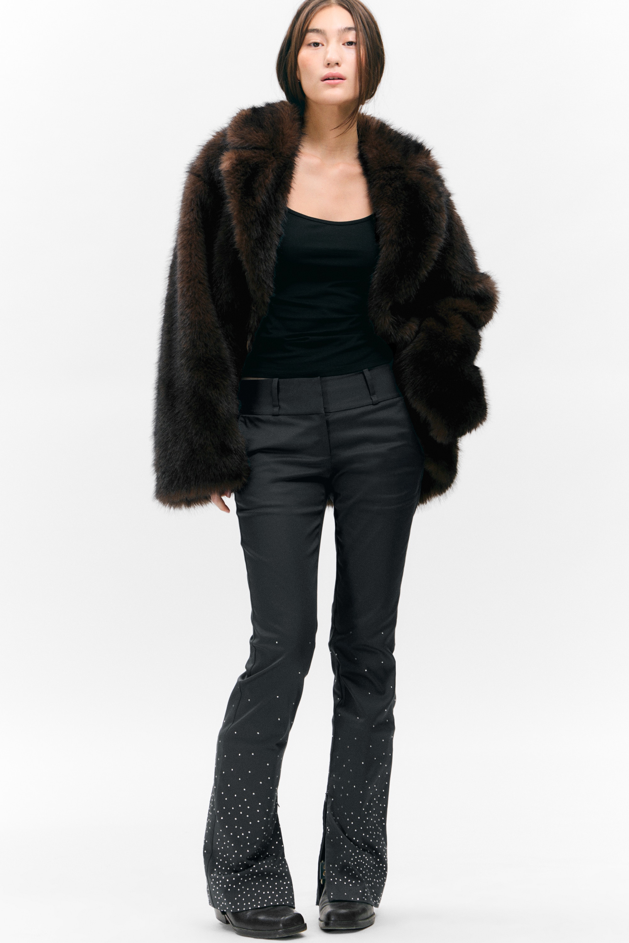 Satijnen broek met rits en lage taille en strass-steentjes - Donkergrijs - Strass