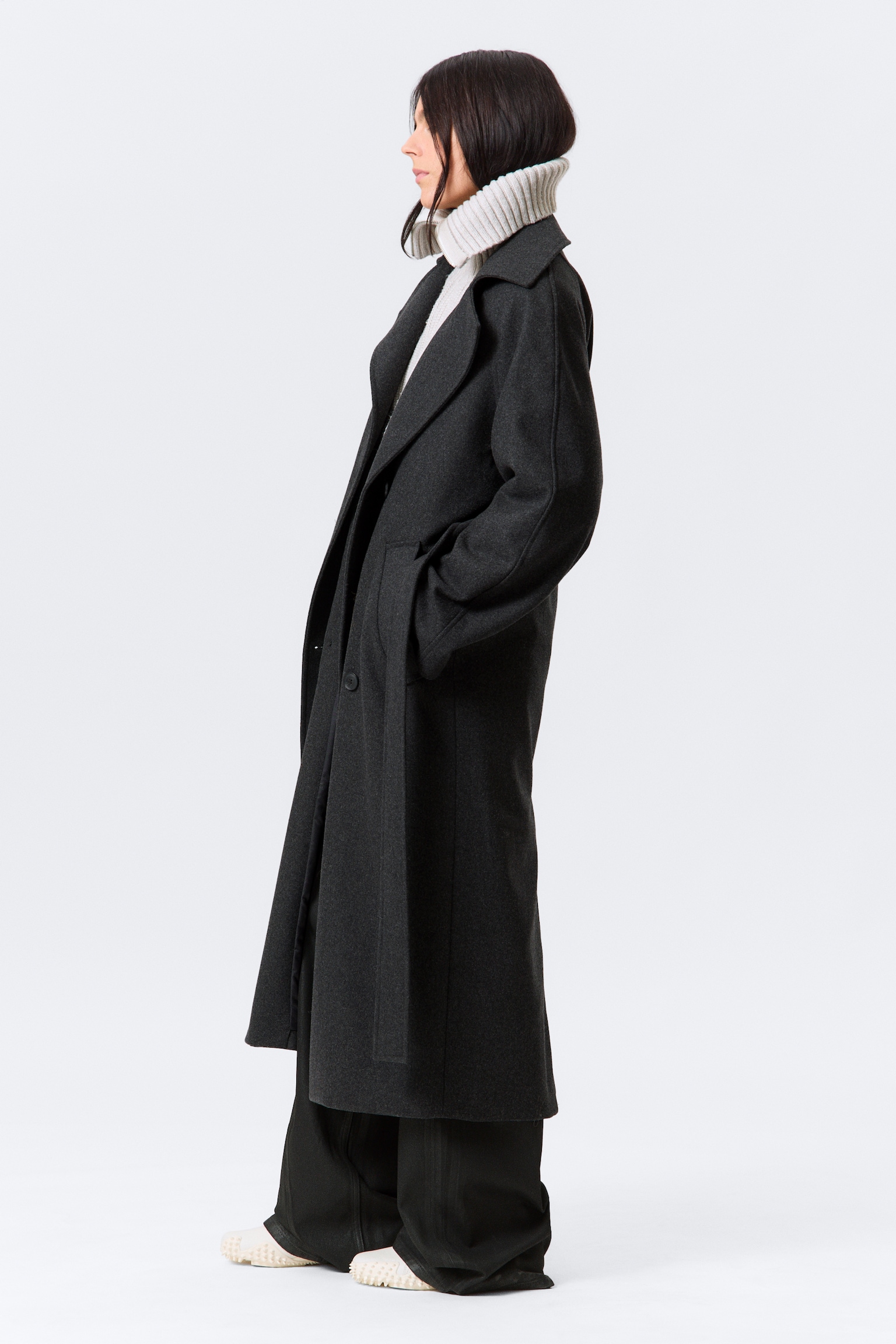 Manteau oversize croisé en laine mélangée Kia - Gris foncé chiné/Beige clair - 5
