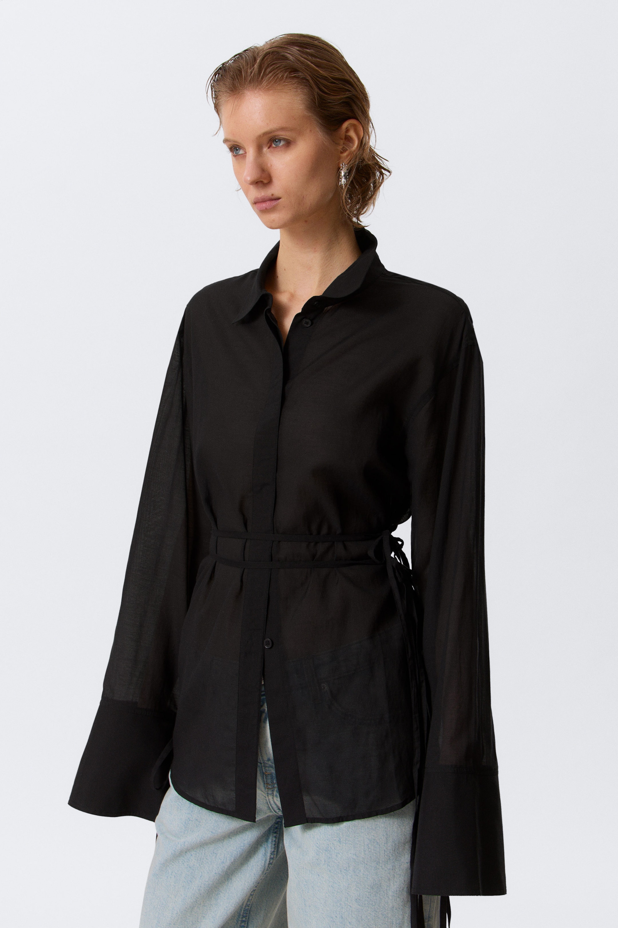 Black - Long-Sleeved Open Back Tie Shirt - 2