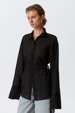 Black - Long-Sleeved Open Back Tie Shirt - 2